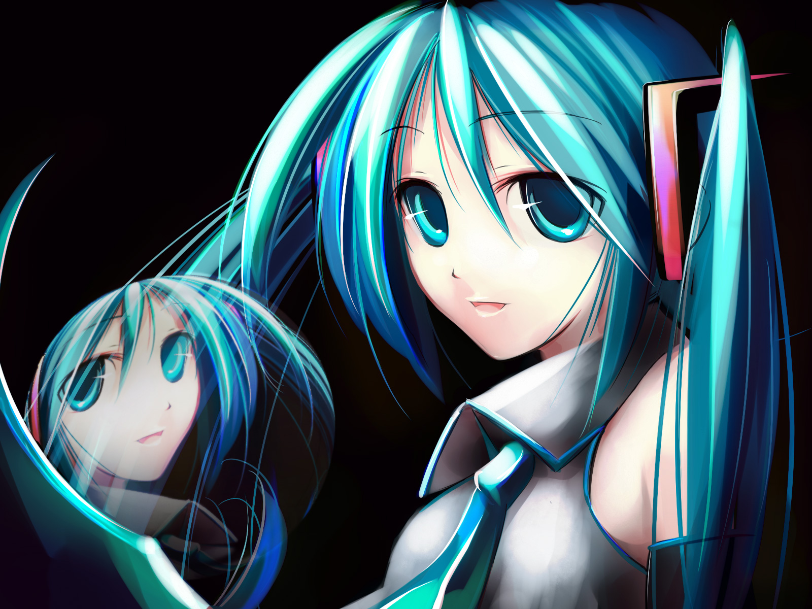 spiral (senra garou), hatsune miku, vocaloid, eyebrows, highres, 1girl, :d, aqua hair, black background, collared shirt, detached sleeves, female focus, hair between eyes, hair ornament, long hair, looking at viewer, necktie, open mouth, shirt, simple background, smile, solo, twintails