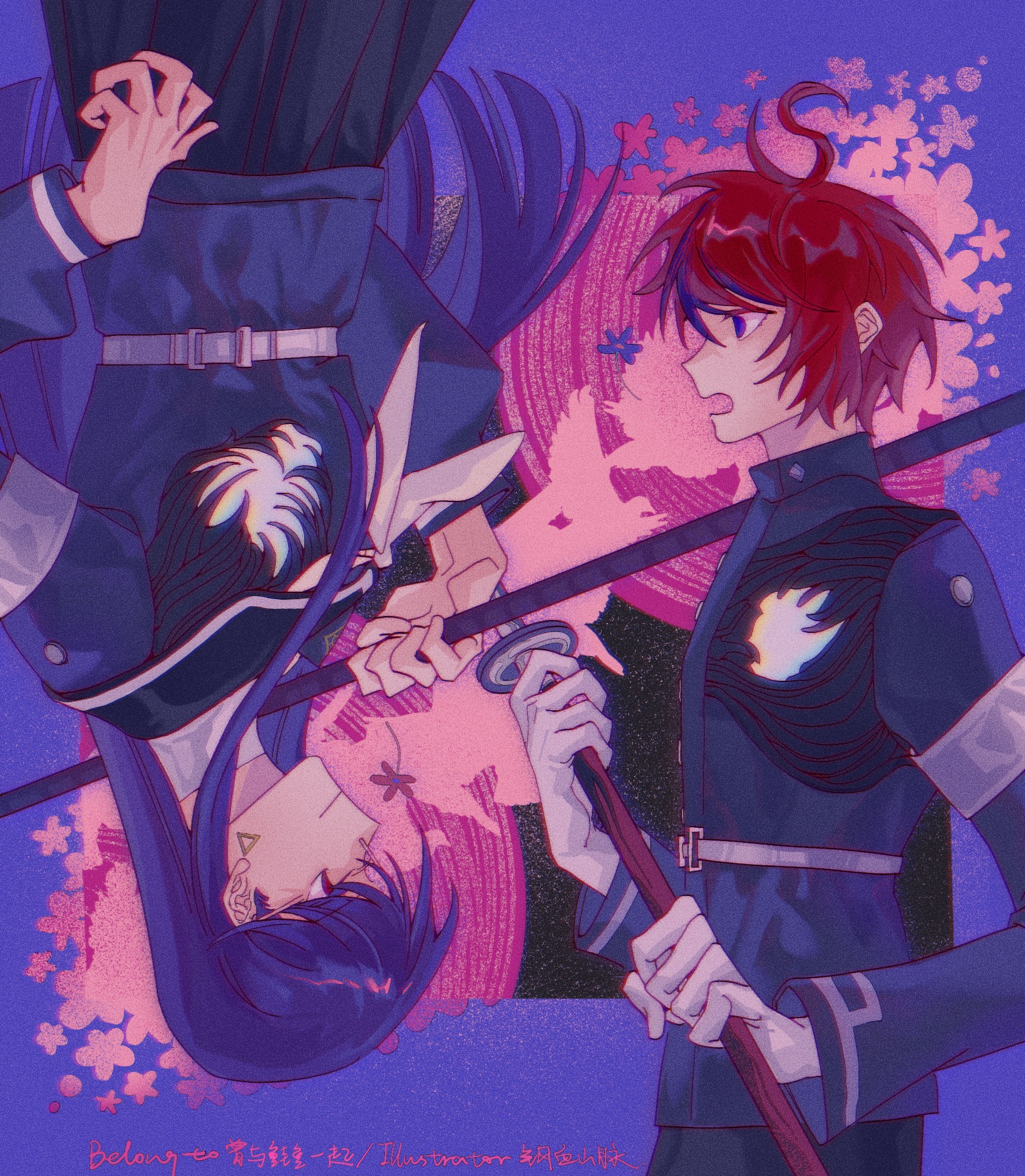 shizuhara hiruko, sumino takumi, the hundred line -last defense academy-, chinese commentary, commentary request, highres, 1boy, 1girl, ahoge, armband, belt, black jacket, black pants, black serafuku, black skirt, blue eyes, blue hair, earrings, film grain, gloves, holding, holding sword, holding weapon, hole in chest, hole on body, jacket, jewelry, last defense academy school uniform, long hair, multicolored hair, open mouth, pants, pleated skirt, purple hair, red hair, rotational symmetry, school uniform, serafuku, short hair, skirt, streaked hair, sword, triangle earrings, two-tone hair, upupaepops, very long hair, weapon, white armband, white belt, white gloves