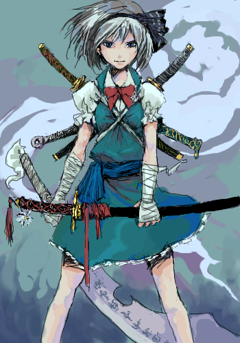 konpaku youmu, konpaku youmu (ghost), touhou, lowres, 1girl, bandages, female focus, hitodama, katana, oekaki, solo, sword, weapon