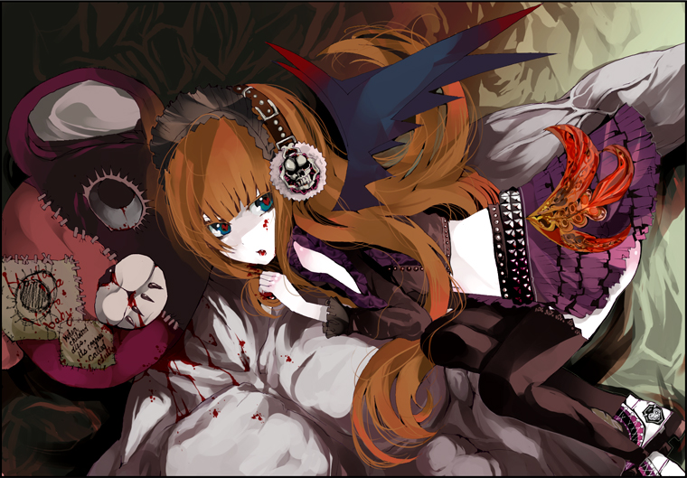 palmeros, bad id, bad pixiv id, blood, costume, goth fashion, gothic lolita, headphones, heart, lolita fashion, skull, solo, stuffed animal, stuffed toy, teddy bear, thighhighs
