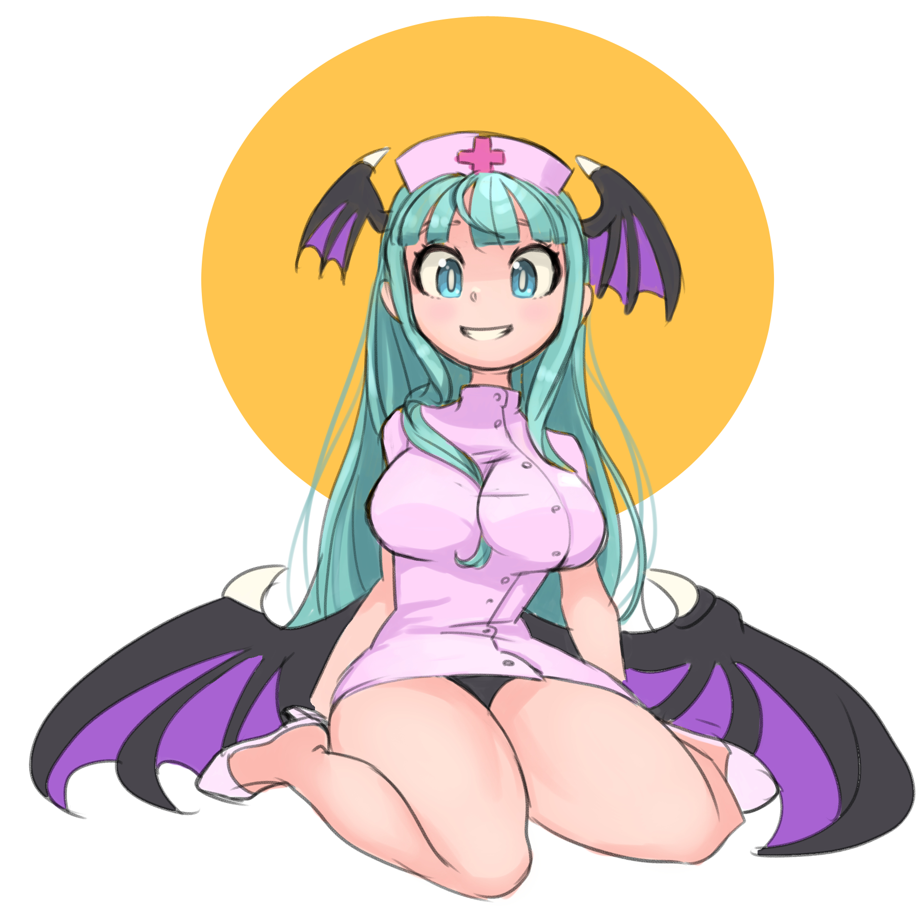 okera, morrigan aensland, darkstalkers, highres, 1girl, breasts, demon girl, demon wings, dress, green eyes, green hair, hat, head wings, kneeling, large breasts, long hair, low wings, nurse, nurse cap, pink dress, simple background, solo, white background, wings