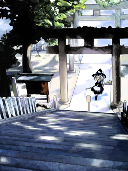 kirisame marisa, touhou, md5 mismatch, resolution mismatch, source larger, 1girl, broom, female focus, hat, nature, outdoors, plant, skirt, solo, stairs, torii, witch, witch hat