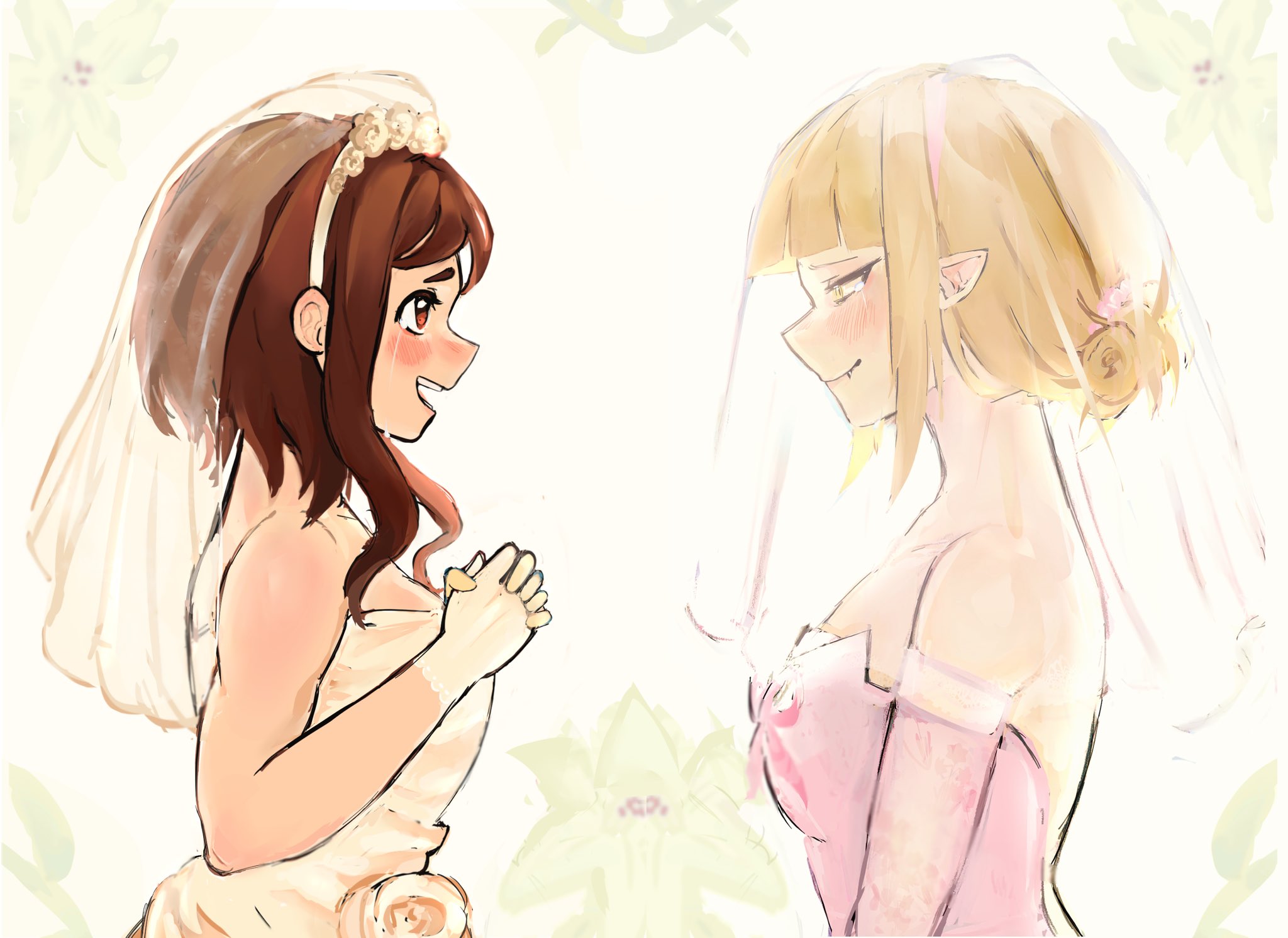 toga himiko, uraraka ochako, boku no hero academia, highres, 2girls, backless dress, backless outfit, bare shoulders, blonde hair, blush, bridal veil, bride, brown hair, closed mouth, couple, crying, crying with eyes open, dress, elbow gloves, fang, flower, from side, gloves, happy tears, howl00fool, multiple girls, open mouth, pink dress, pointy ears, rose, short hair, small hands, smile, strapless, strapless dress, tears, teeth, tsurime, upper body, upper teeth only, veil, wedding, wedding dress, white dress, white flower, white gloves, white rose, wife and wife, yuri