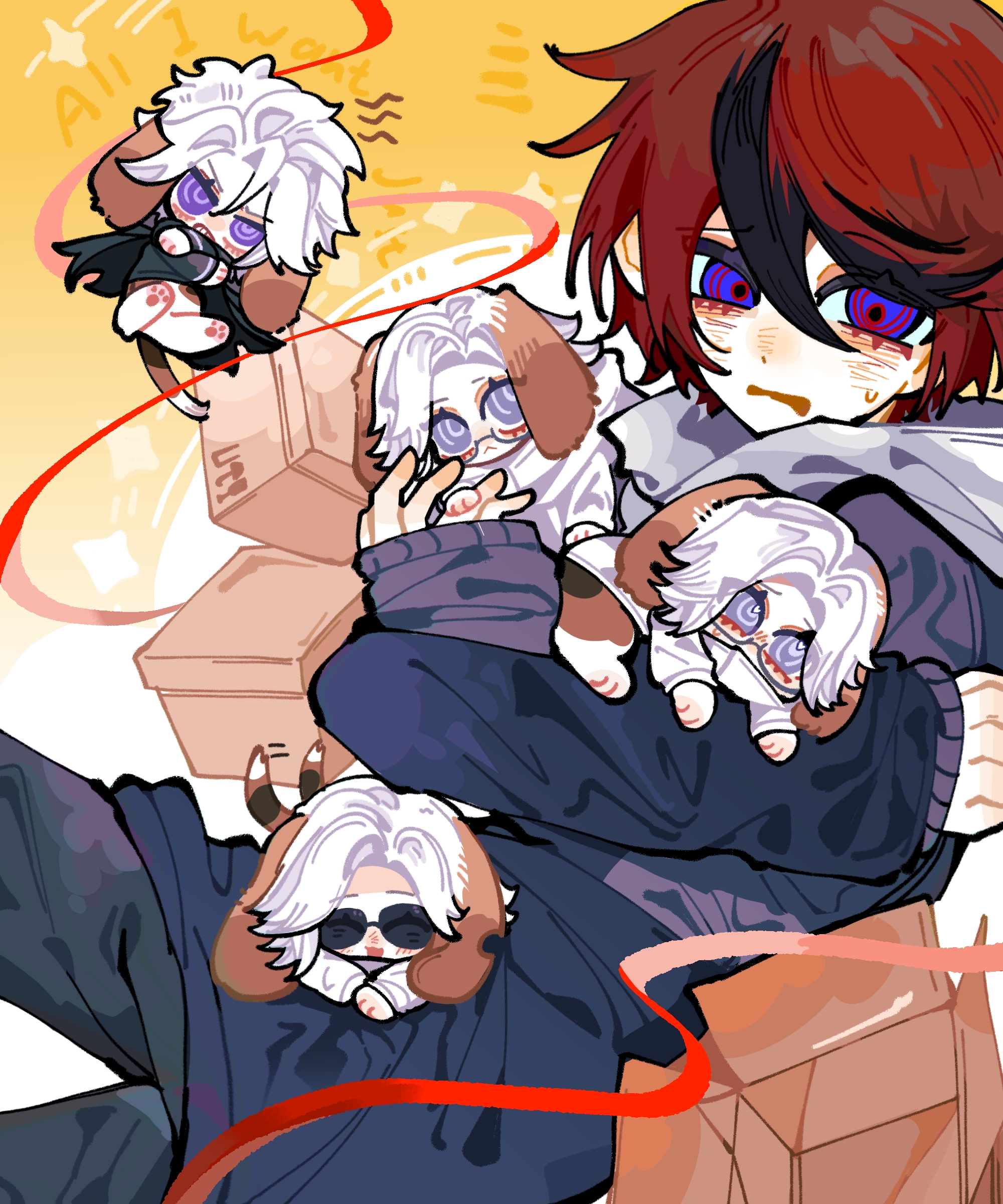 kaishui zhudan, aotsuki eito, sumino takumi, the hundred line -last defense academy-, absurdres, chinese commentary, commentary request, highres, spoilers, 5boys, :<, ^ ^, animal ears, animal feet, black cape, black hair, black jacket, black pants, blue eyes, box, cape, closed eyes, closed mouth, crossed arms, dog boy, dog ears, dog tail, glasses, hair between eyes, hood, hood down, hoodie, jacket, jacket over hoodie, kemonomimi mode, last defense academy school uniform, long sleeves, male focus, mini person, miniboy, multicolored hair, multiple boys, open mouth, pants, purple eyes, red hair, school uniform, semi-rimless eyewear, short hair, streaked hair, sunglasses, sweat, tail, tail wagging, two-tone hair, white hoodie, white jacket