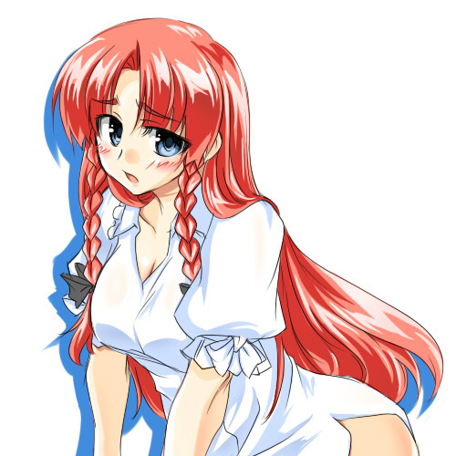 tajima yuuki, hong meiling, embodiment of scarlet devil, touhou, lowres, 1girl, blue eyes, blush, bow, braid, breasts, female focus, leaning forward, long hair, naked shirt, nightgown, open mouth, red hair, shirt, simple background, solo, twin braids, white shirt