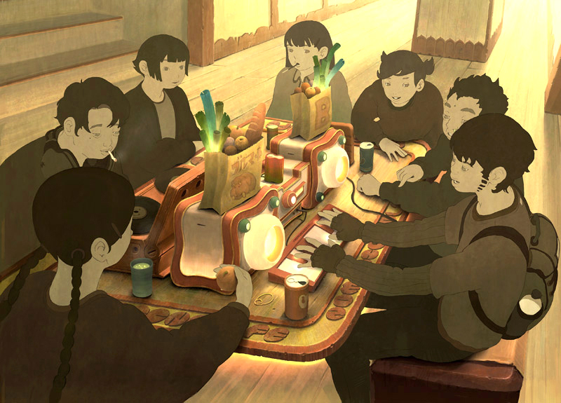 tashiro hokekyo, original, bad id, bad pixiv id, 3boys, 4girls, backpack, bag, braid, bread, can, cigarette, cigarette holder, cup, drink can, food, fruit, long sleeves, mole, mole under eye, mouth hold, multiple boys, multiple girls, open mouth, pocky, short sleeves, sideburns, sitting, smoking, soda can, spring onion, sunlight, table, twin braids, typing