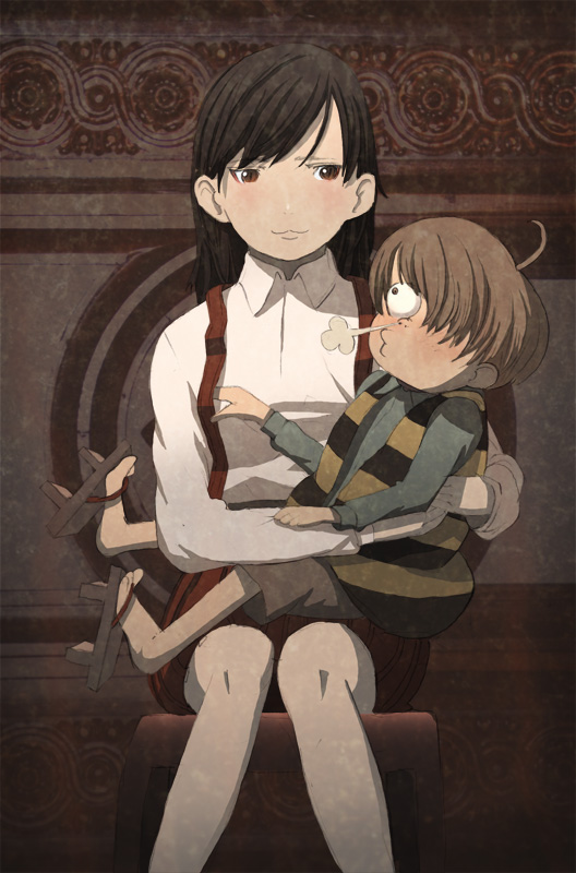 tashiro hokekyo, kitarou, neko (hakaba kitarou), hakaba kitarou, bad id, bad pixiv id, 00s, 1boy, 1girl, :3, ahoge, blush, brown hair, collared shirt, facing viewer, feet out of frame, geta, goth fashion, groping, hair over one eye, knees together feet apart, long hair, looking at another, no socks, shirt, short hair, sitting, sitting on lap, sitting on person, snort, vest, white shirt