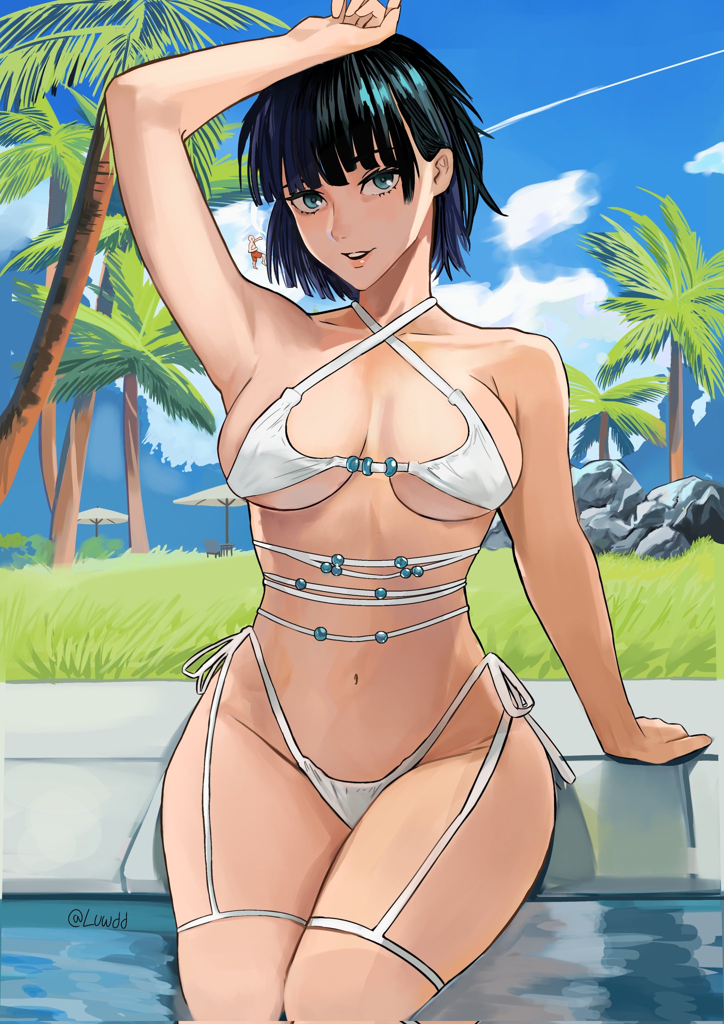 luwdd, fubuki (one-punch man), saitama (one-punch man), one-punch man, highres, 1boy, 1girl, bikini, black hair, breasts, curvy, large breasts, outdoors, pool, short hair, swimsuit, water