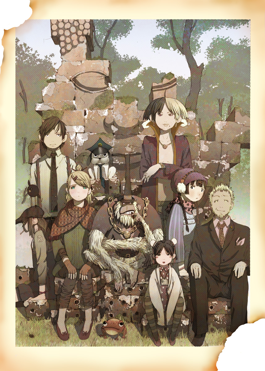 tashiro hokekyo, original, bad id, bad pixiv id, highres, 3boys, 4girls, animal, beard stubble, comic, dog, double bun, earrings, everyone, extra arms, facial hair, formal clothes, frog, hair bun, hair ornament, hairclip, hat, jewelry, monkey, multi limb, multicolored hair, multiple boys, multiple girls, necklace, necktie, photo (object), ruins, stubble, suit