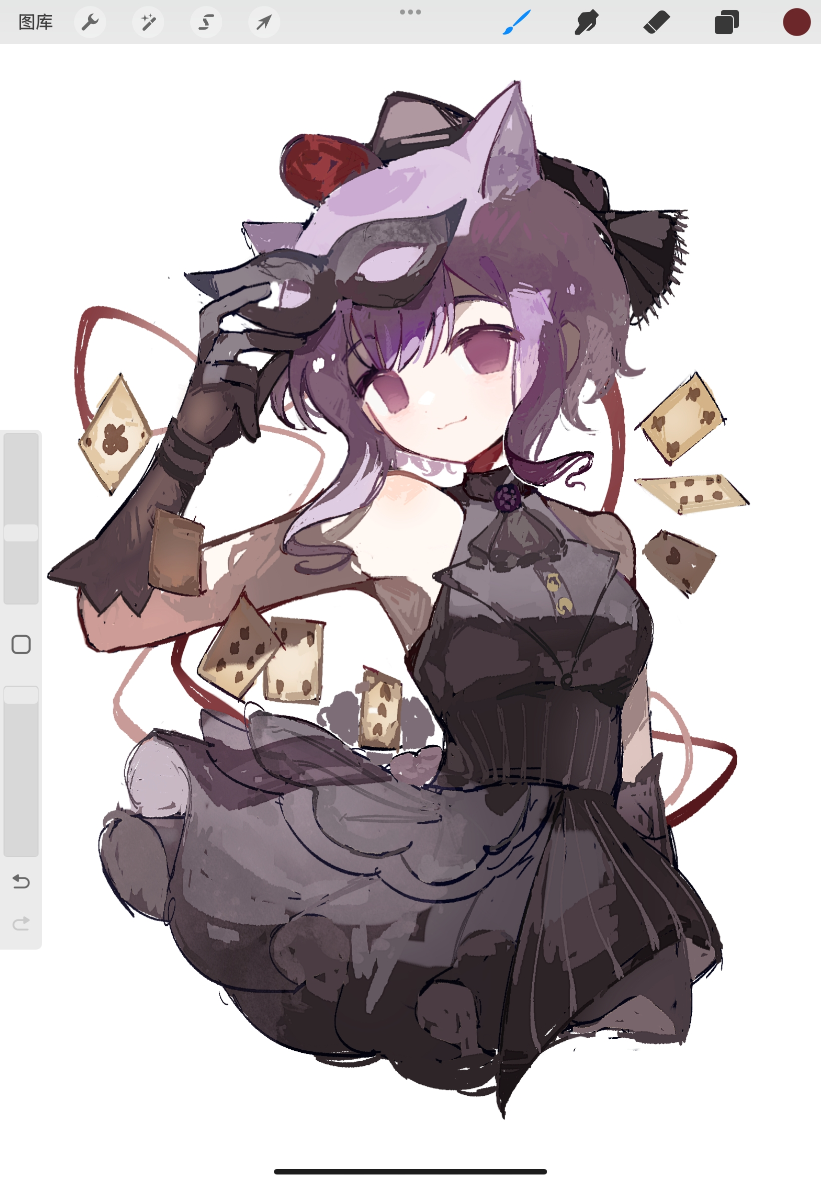yuutenji nyamu, arknights, bang dream!, bang dream! it's mygo!!!!!, chinese commentary, commentary request, highres, 1girl, :3, animal ears, art program in frame, bare shoulders, black dress, black gloves, breasts, card, cat ears, cat girl, closed mouth, cowboy shot, cropped legs, dress, eye mask, gloves, holding, holding mask, kyou u, looking at viewer, mask, medium breasts, playing card, purple eyes, purple hair, short hair, simple background, sleeveless, sleeveless dress, smile, solo, white background, yuutenji nyamu (magician of passion)