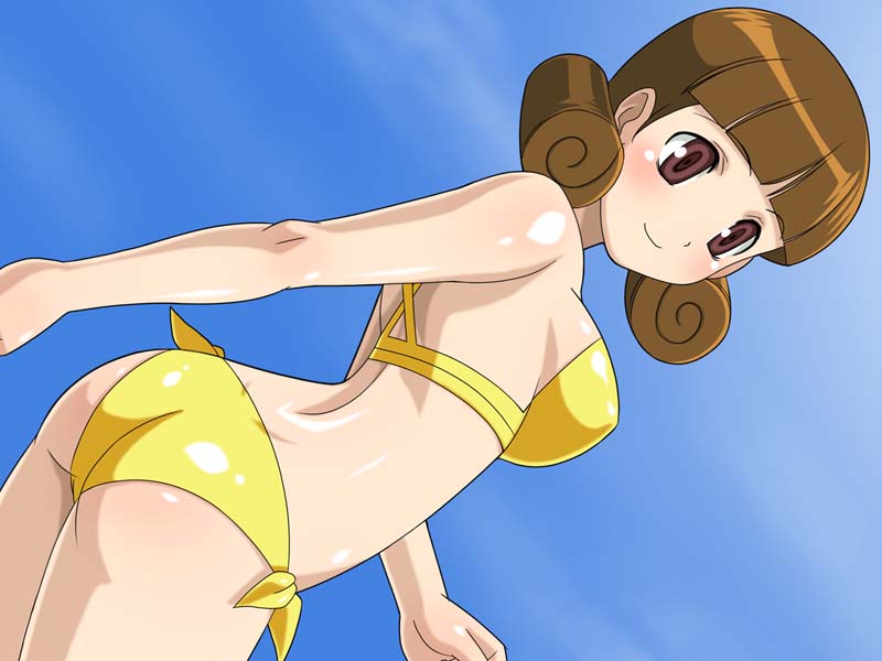 little cheat-ya, ms. mari (mega man), capcom, mega man (series), mega man battle network, mega man battle network (series), 00s, 1girl, ass, bare shoulders, bikini, blunt bangs, blush, breasts, brown eyes, brown hair, female focus, large breasts, side-tie bikini bottom, smile, solo, swimsuit, yellow bikini