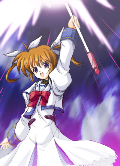 takase shin'ya, raising heart, takamachi nanoha, takamachi nanoha (original mode), lyrical nanoha, mahou shoujo lyrical nanoha, uniform, 00s, 1girl, blue eyes, bow, bowtie, dress, female focus, glowing, hair ribbon, long sleeves, looking at viewer, magic, magical girl, red bow, red bowtie, ribbon, solo, twintails, white dress, white ribbon