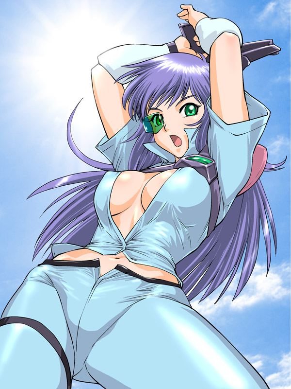 ueyama michirou, apple (zillion), akai koudan zillion, visor, 1girl, :o, armor, arms up, belt bra, blue hair, breasts, breasts apart, cloud, covered erect nipples, cowboy shot, day, female focus, from below, green-tinted eyewear, green eyes, gun, handgun, high collar, large breasts, long hair, looking at viewer, midriff, midriff peek, navel, no bra, open clothes, open fly, open mouth, open shirt, outdoors, pants, pauldrons, purple hair, scouter, shiny clothes, shirt, short sleeves, shoulder armor, shouting, sky, solo, sun, tank top, tinted eyewear, unzipped, vambraces, very long hair, weapon, wide hips