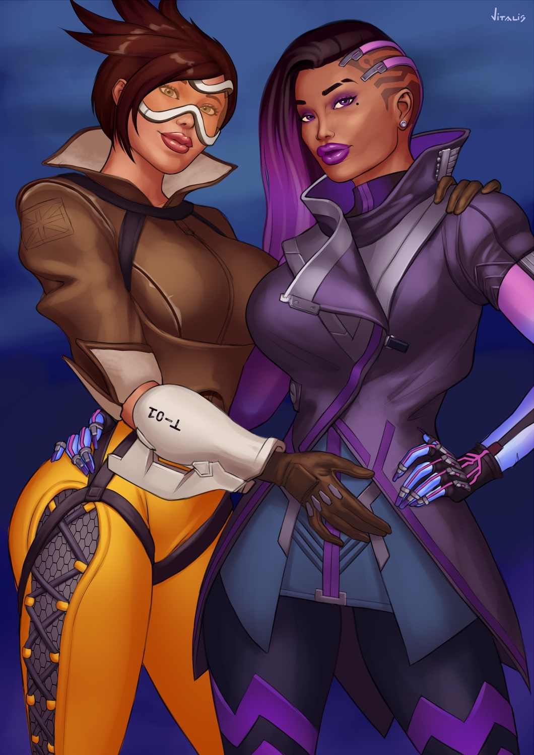 vitalis, sombra (overwatch), tracer (overwatch), overwatch, highres, 2girls, artist name, black hair, breasts, brown gloves, brown hair, brown jacket, gloves, gradient hair, hand on another's hip, hand on another's shoulder, hand on own hip, jacket, large breasts, looking at viewer, mechanical arms, multicolored hair, multiple girls, orange pants, pants, purple eyes, purple hair, purple lips, two side up