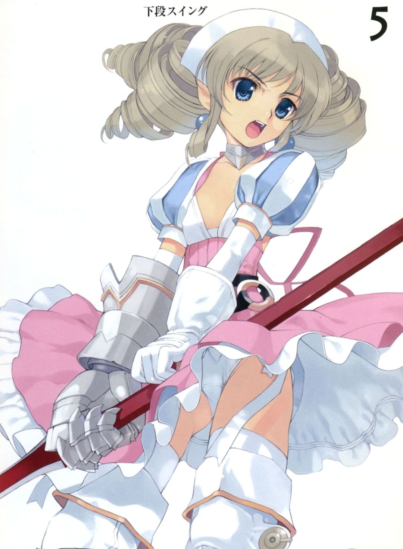 mibu natsuki, iron princess ymir, ymir (queen's blade), queen's blade, highres, 00s, armor, armored dress, blue eyes, brown hair, choker, dress, drill hair, earrings, elbow gloves, flat chest, frills, gauntlets, gloves, hairband, jewelry, open mouth, panties, pointy ears, ribbon, solo, thighhighs, underwear, white panties