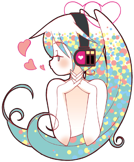 shinya soukichi, hatsune miku, vocaloid, 1girl, aqua eyes, aqua hair, female focus, headphones, heart, long hair, multicolored hair, nude, simple background, solo, twintails