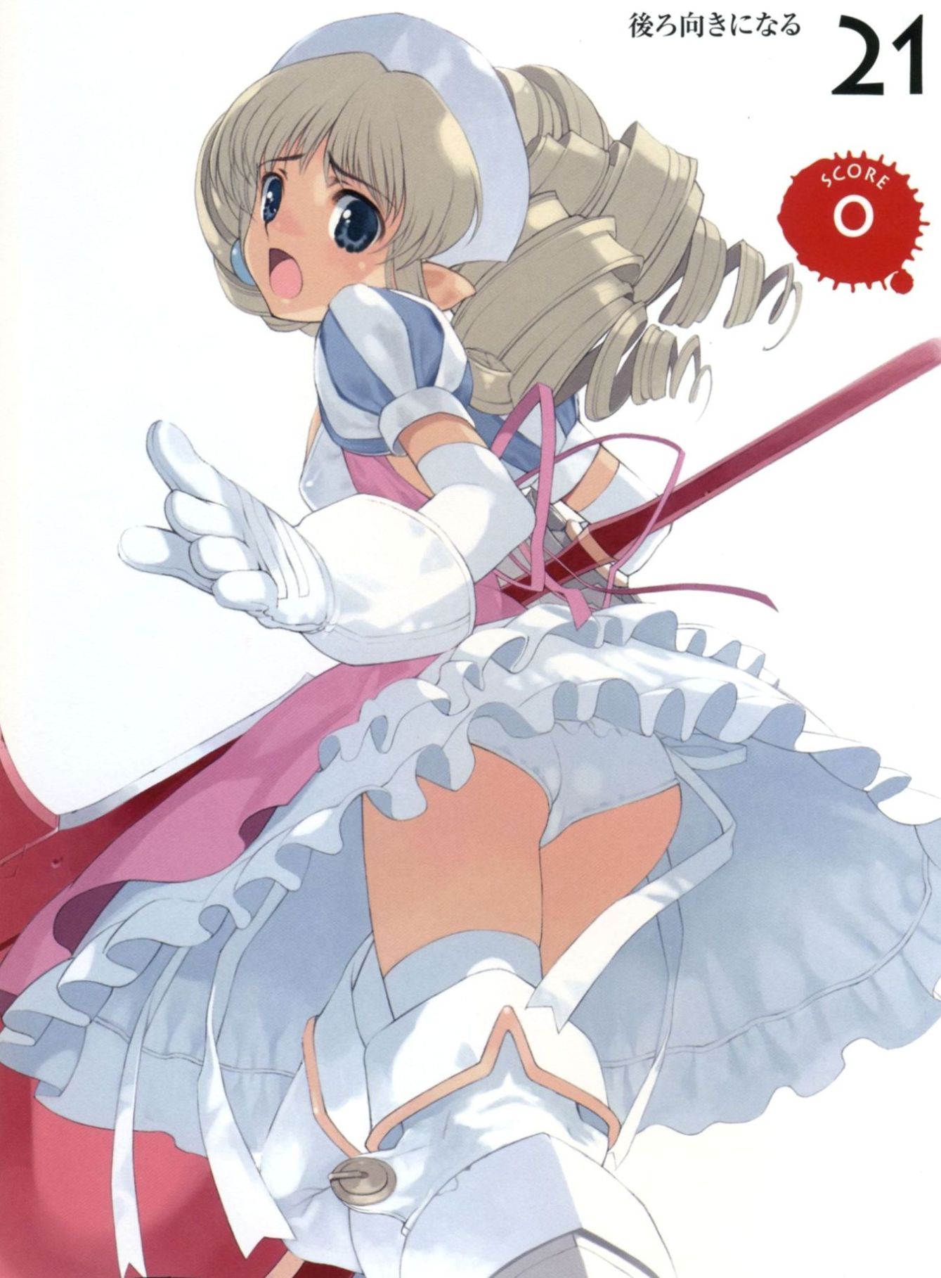mibu natsuki, iron princess ymir, ymir (queen's blade), queen's blade, highres, 00s, armor, ass, axe, blue eyes, boots, brown hair, dress, drill hair, earrings, elbow gloves, embarrassed, flat chest, frills, gloves, hairband, jewelry, looking back, open mouth, panties, pantyshot, pointy ears, ribbon, side-tie panties, solo, thighhighs, underwear, weapon, white panties