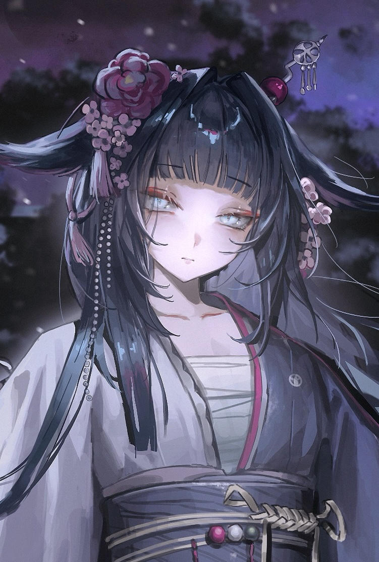 kirihara aki, mio (arknights), arknights, cropped, 1girl, black hair, black kimono, black sash, chest sarashi, flower, hair flower, hair ornament, hair wings, japanese clothes, kimono, long hair, looking at viewer, night, obi, obiage, obijime, pink flower, portrait, sarashi, sash, solo, tree, two-tone kimono, white eyes, white kimono