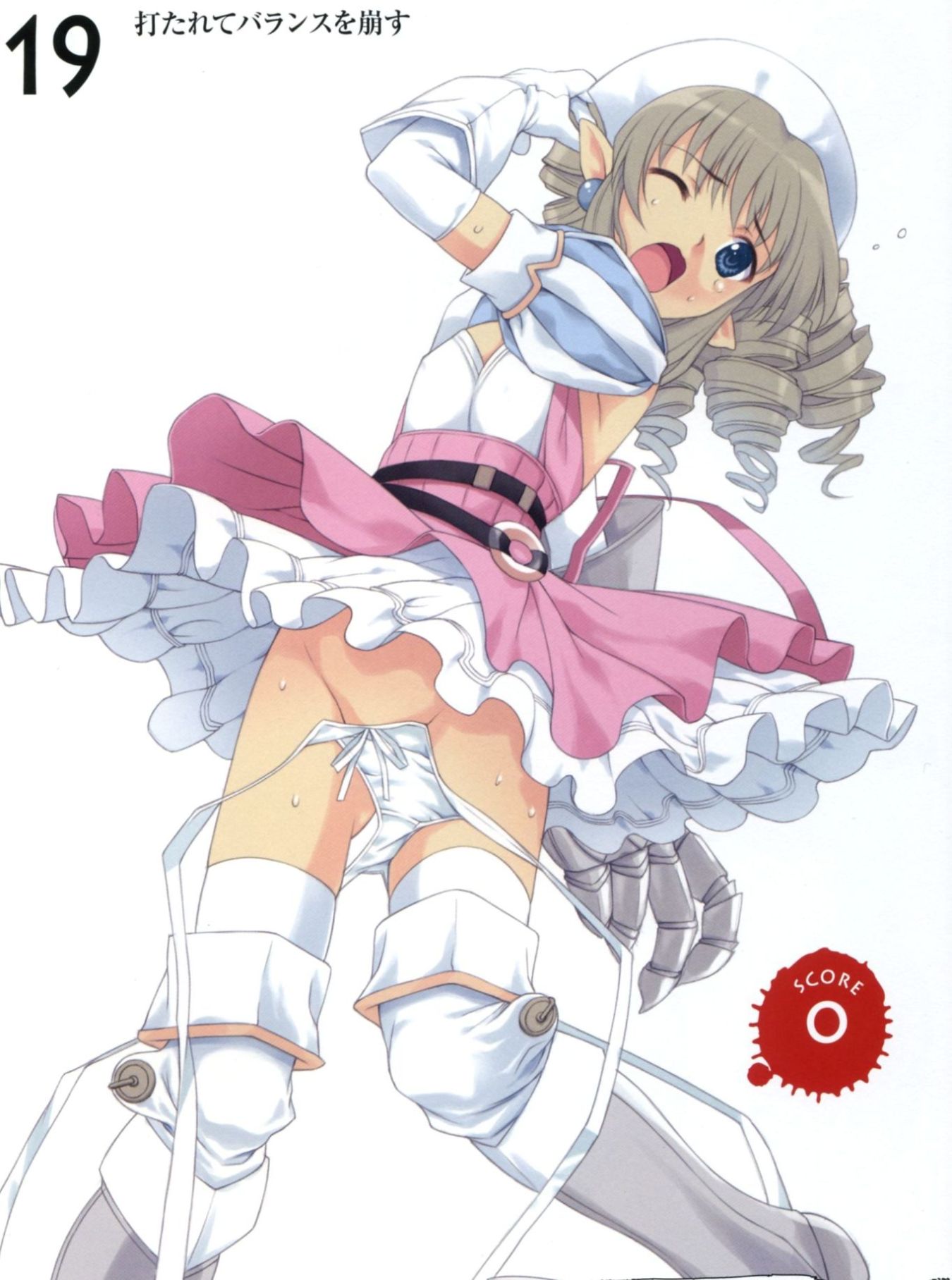 mibu natsuki, iron princess ymir, ymir (queen's blade), queen's blade, highres, 00s, 1girl, armor, armored dress, blue eyes, boots, bow, bow panties, brown hair, clothes lift, dress, dress lift, drill hair, earrings, elbow gloves, embarrassed, female focus, flat chest, frills, gauntlets, gloves, hairband, jewelry, one eye closed, open mouth, panties, panty pull, pointy ears, ribbon, ringlets, side-tie panties, solo, sweat, thighhighs, underwear, untied panties, wardrobe malfunction, white panties, wink
