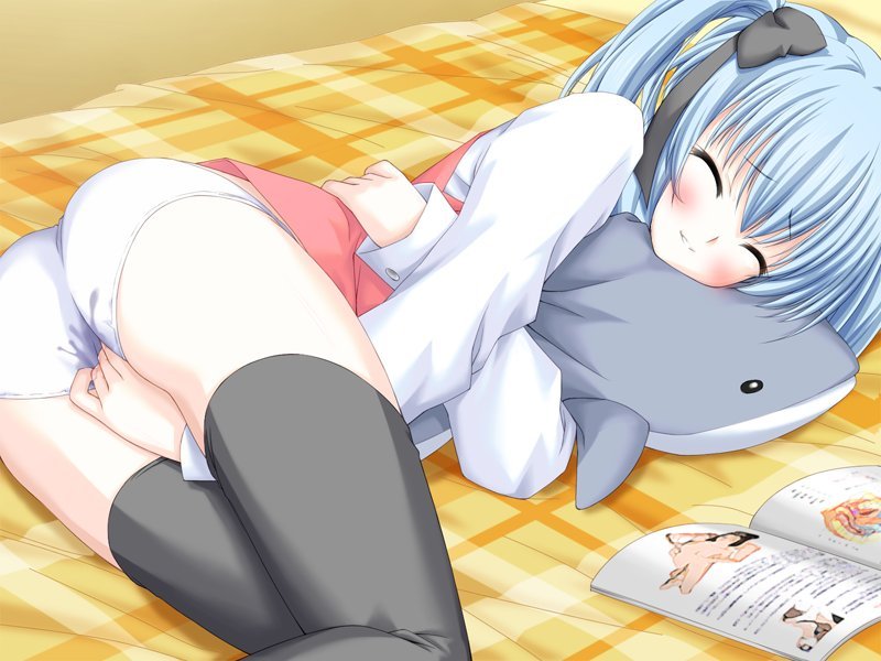 sadao, minato ayane, rakuten ~kono yo no rakuen? ano yo no tengoku!?~, game cg, jpeg artifacts, 1girl, bed, blue hair, blush, closed eyes, clothed masturbation, female focus, female masturbation, fingering, fingering through clothes, hair ribbon, magazine (object), masturbation, masturbation through clothes, panties, pornography, pussy juice, ribbon, shark, short hair, smile, solo, stuffed animal, stuffed toy, thighhighs, through clothes, underwear, vest, wet, wet clothes, wet panties