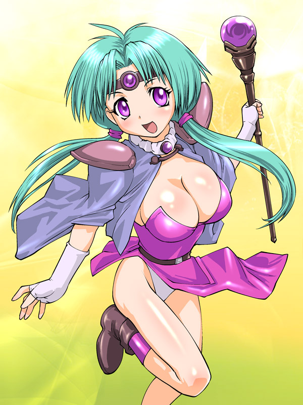 ueyama michirou, paffy pafuricia, haou taikei ryuu knight, 1990s (style), 1girl, :d, ahoge, ankle boots, belt, blue hair, boots, breasts, buckle, cleavage, dress, female focus, fingerless gloves, gem, gloves, gradient background, green hair, headpiece, large breasts, loincloth, long hair, looking at viewer, open mouth, pink dress, pink eyes, purple eyes, retro artstyle, smile, solo, standing, standing on one leg, very long hair