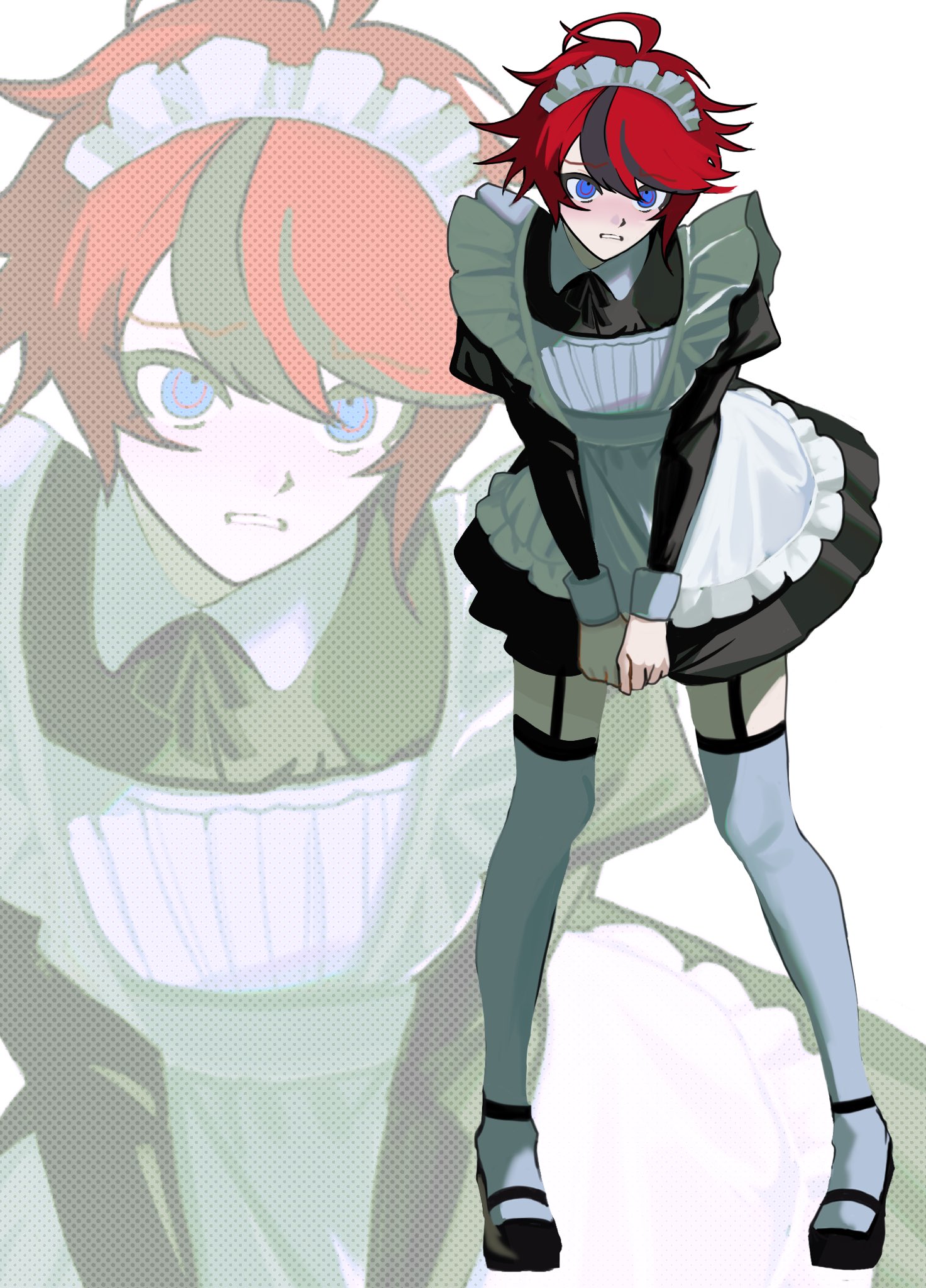 sumino takumi, the hundred line -last defense academy-, commentary, highres, 1boy, ahoge, alternate costume, apron, black dress, black hair, black ribbon, black shoes, blue eyes, blush, collared dress, crossdressing, crossdressing (mtf), dress, enmaided, frilled apron, frills, full body, hair between eyes, leaning forward, maid, maid apron, maid headdress, makeneko, male focus, male maid, multicolored hair, neck ribbon, red hair, ribbon, shoes, short dress, short hair, skirt, skirt tug, solo, streaked hair, thighhighs, two-tone hair, white apron, white thighhighs, zoom layer