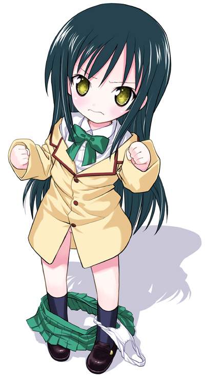 kiira, kotegawa yui, to love-ru, 00s, 1girl, age regression, aged down, black hair, chibi, clothes pull, female focus, loli, oversized clothes, panties, panties around leg, panty pull, plaid clothes, plaid skirt, school uniform, serafuku, skirt, skirt pull, solo, underwear, undressing, wavy mouth, yellow eyes