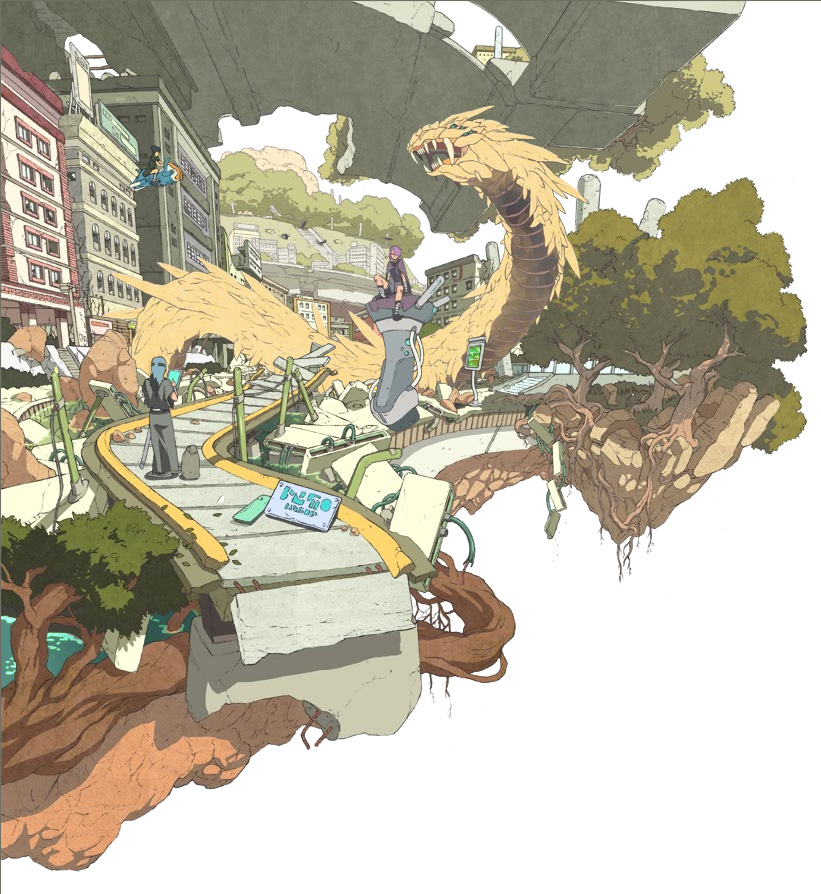 miyata ryuuichi, original, md5 mismatch, resolution mismatch, source smaller, 1boy, 2girls, city, dragon, fantasy, multiple girls, ruins, science fiction, tree