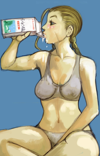cammy white, capcom, street fighter, 1girl, bra, breasts, female focus, lingerie, medium breasts, milk, nipples, panties, solo, underwear, underwear only