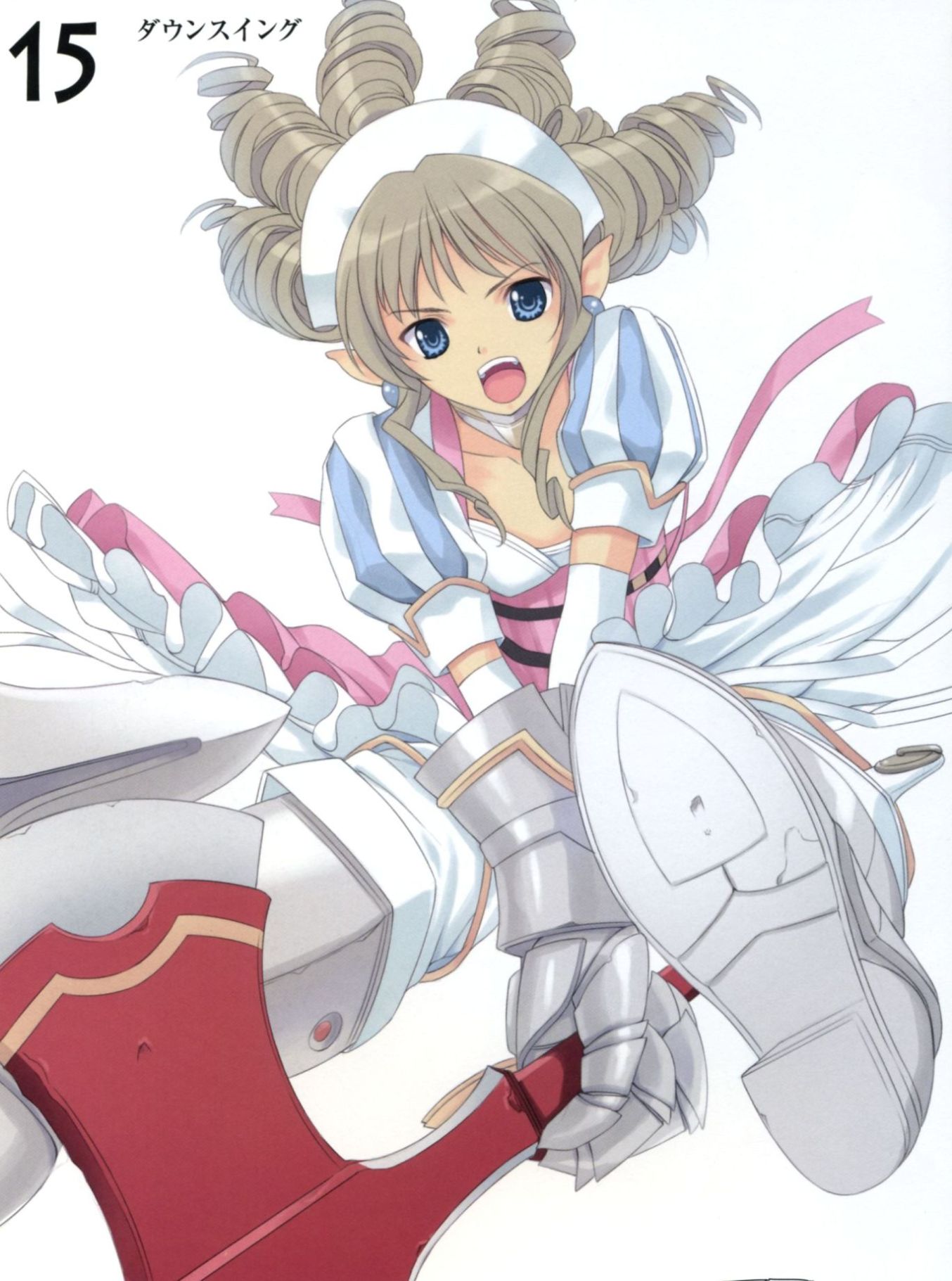 mibu natsuki, iron princess ymir, ymir (queen's blade), queen's blade, highres, 00s, 1girl, armor, armored dress, axe, blue eyes, boots, brown hair, choker, dress, drill hair, earrings, elbow gloves, female focus, flat chest, frills, gauntlets, gloves, hairband, jewelry, open mouth, panties, pointy ears, solo, thighhighs, underwear, weapon