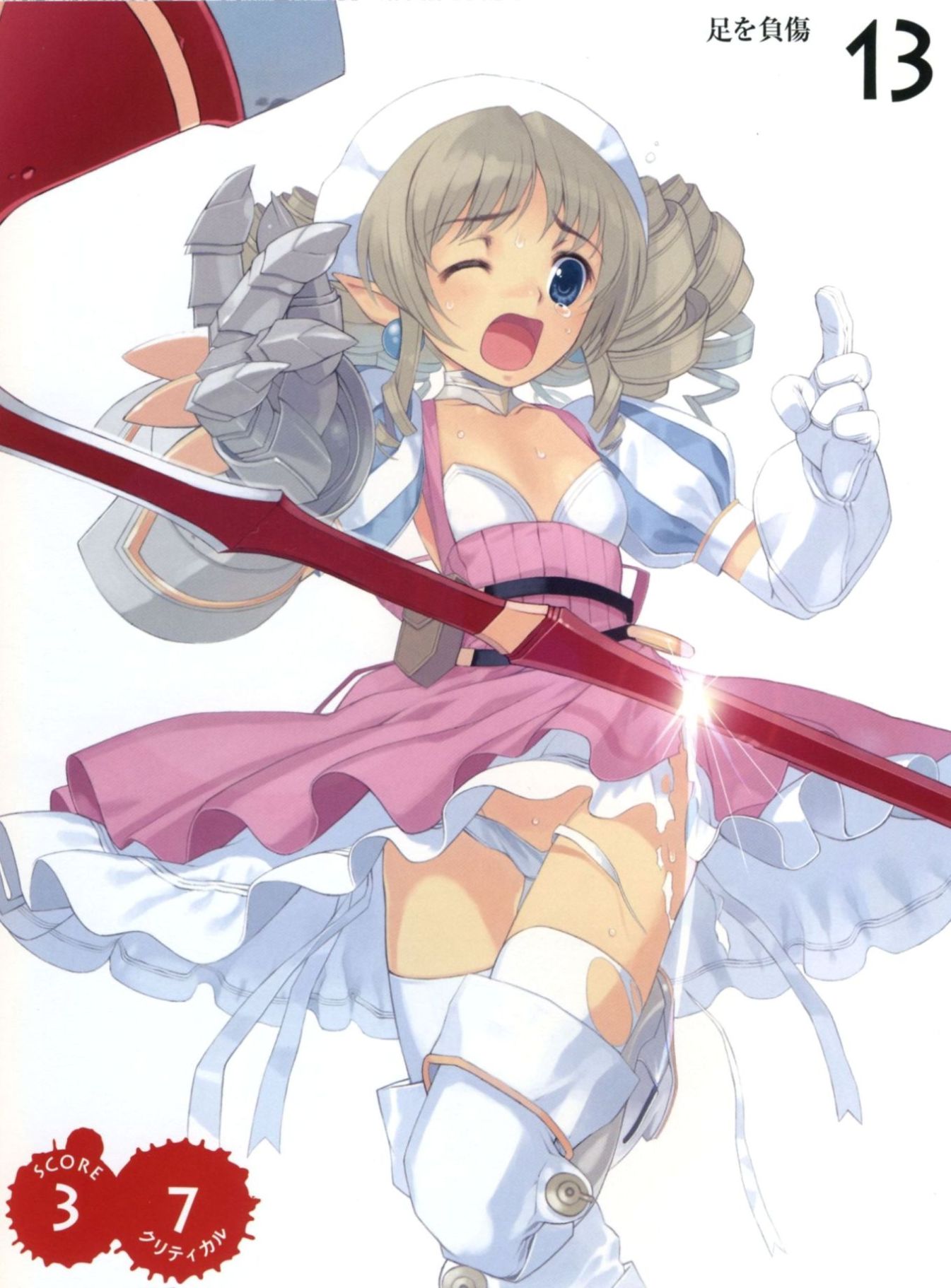 mibu natsuki, iron princess ymir, ymir (queen's blade), queen's blade, highres, 00s, 1girl, armor, armored dress, axe, blue eyes, brown hair, clothes lift, dress, dress lift, drill hair, earrings, female focus, flat chest, frills, gauntlets, gloves, hairband, jewelry, one eye closed, open mouth, panties, pointy ears, side-tie panties, solo, sweat, tearing clothes, tears, thighhighs, torn clothes, torn dress, torn panties, torn thighhighs, underwear, wardrobe malfunction, weapon, white panties, wink
