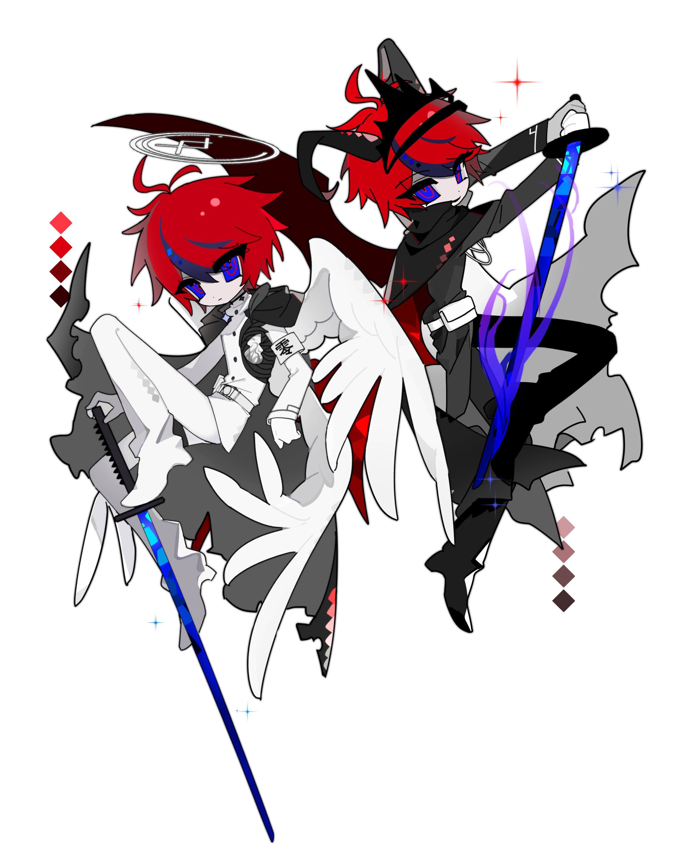 sumino takumi, the hundred line -last defense academy-, absurdres, commentary, highres, 2boys, angel and devil, angel wings, antenna hair, belt, belt pouch, black cape, black hair, black horns, black jacket, black pants, blue eyes, cape, closed mouth, demon horns, dual persona, expressionless, feathered wings, full body, goupaifentiao, halo, holding, holding sword, holding weapon, hole in chest, hole on body, horns, jacket, male focus, multicolored hair, multiple boys, open mouth, pants, pouch, red hair, short hair, simple background, smile, streaked hair, sword, tsurime, two-tone hair, weapon, white background, white belt, white jacket, white pants, white wings, wings