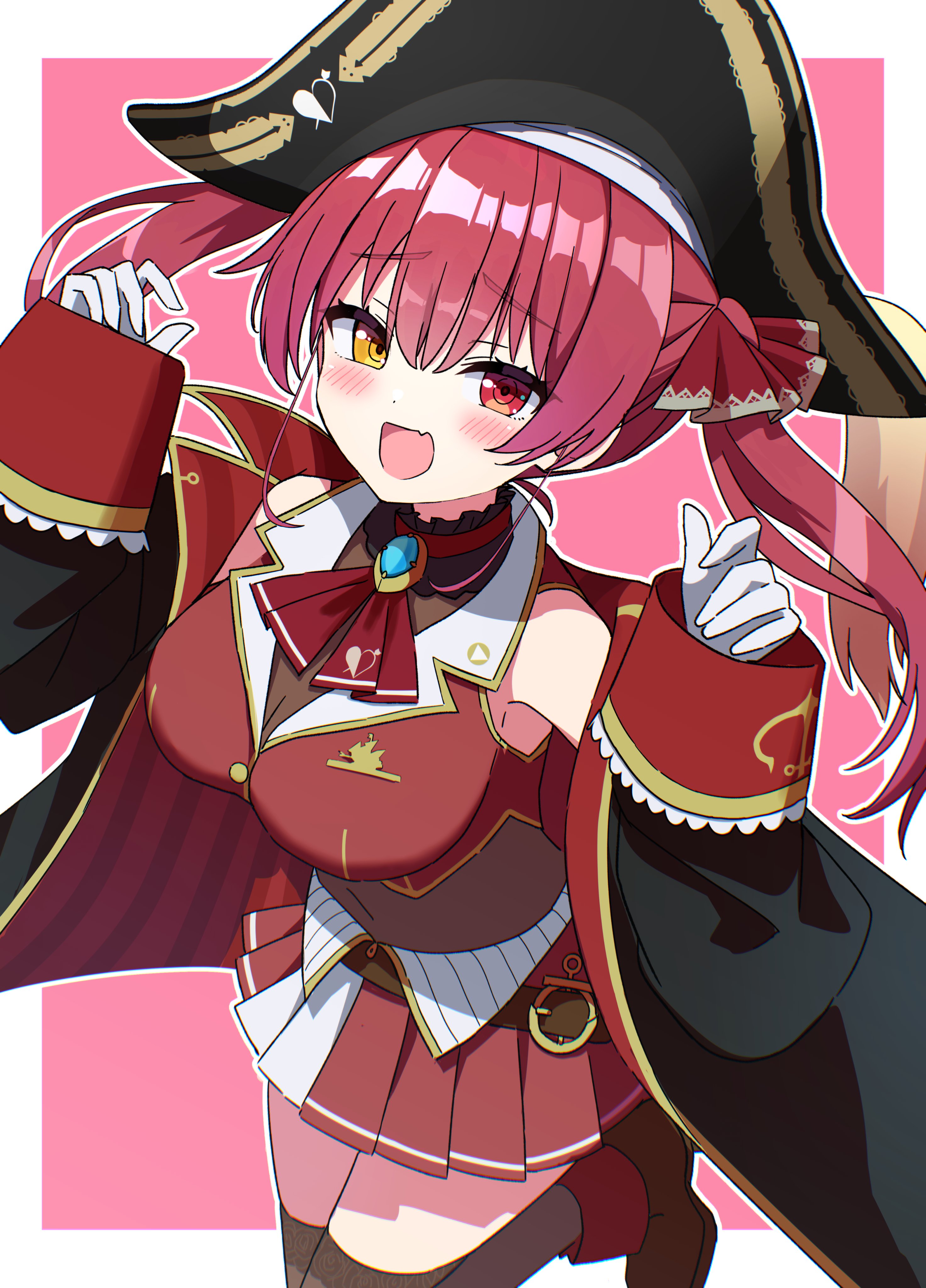 kaie, houshou marine, houshou marine (1st costume), hololive, absurdres, commentary request, highres, 1girl, :d, ascot, bare shoulders, black coat, black hat, blush, boots, border, breasts, brown boots, brown thighhighs, coat, covered navel, cowboy shot, cropped jacket, fang, gloves, hands up, hat, heterochromia, jacket, large breasts, leotard, leotard under clothes, long hair, long sleeves, looking at viewer, miniskirt, off shoulder, open clothes, open coat, open mouth, outline, outside border, pink background, pirate hat, pleated skirt, red ascot, red eyes, red hair, red jacket, red skirt, see-through clothes, see-through leotard, simple background, skin fang, skirt, sleeveless, sleeveless jacket, smile, solo, thighhighs, twintails, white border, white gloves, white outline, yellow eyes