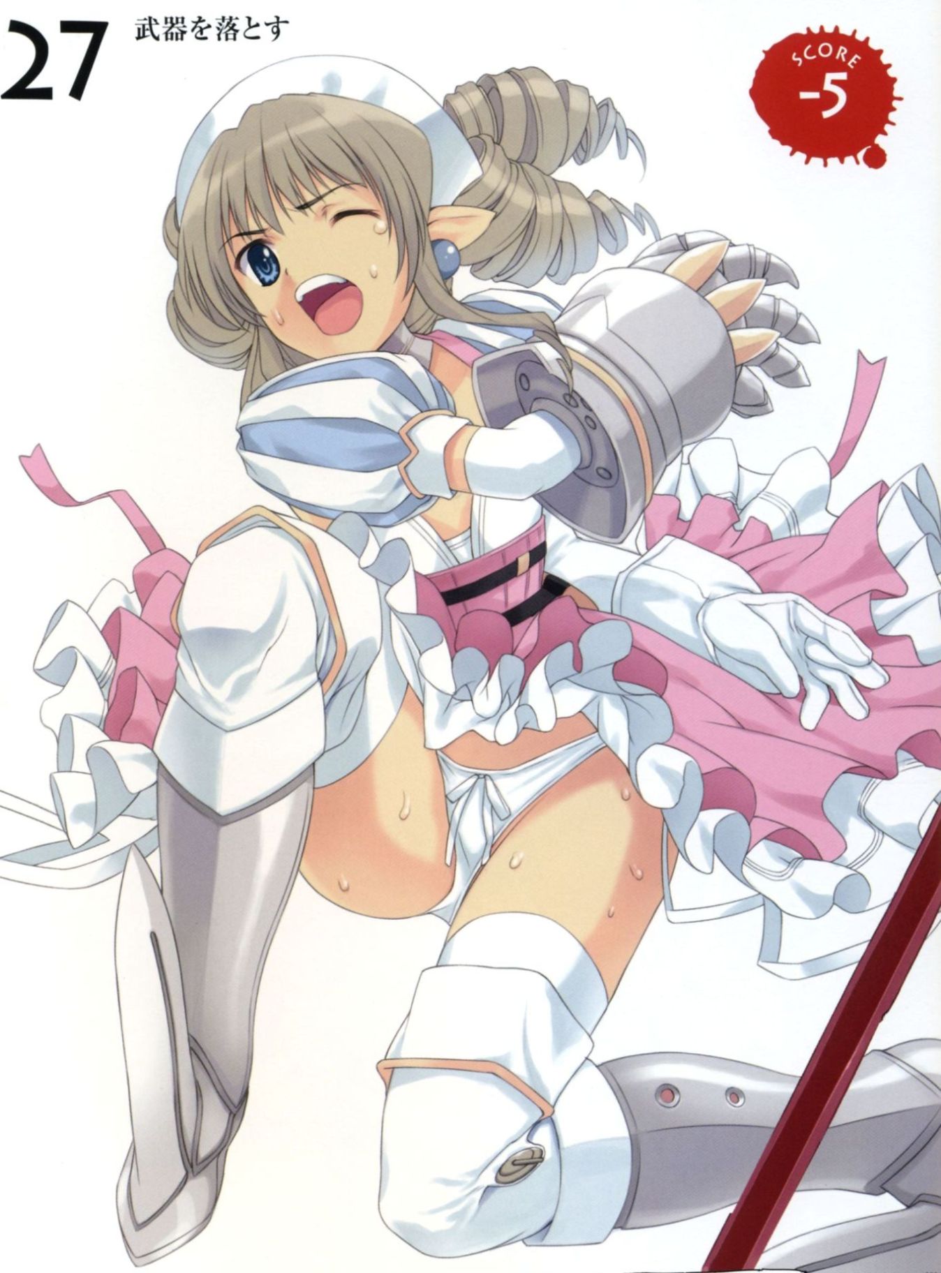 mibu natsuki, iron princess ymir, ymir (queen's blade), queen's blade, highres, 00s, armor, armored dress, blue eyes, boots, bow, bow panties, brown hair, clothes lift, dress, dress lift, drill hair, earrings, elbow gloves, flat chest, frills, gauntlets, gloves, hairband, jewelry, kneeling, open mouth, panties, pantyshot, pointy ears, solo, sweat, thighhighs, underwear, white panties