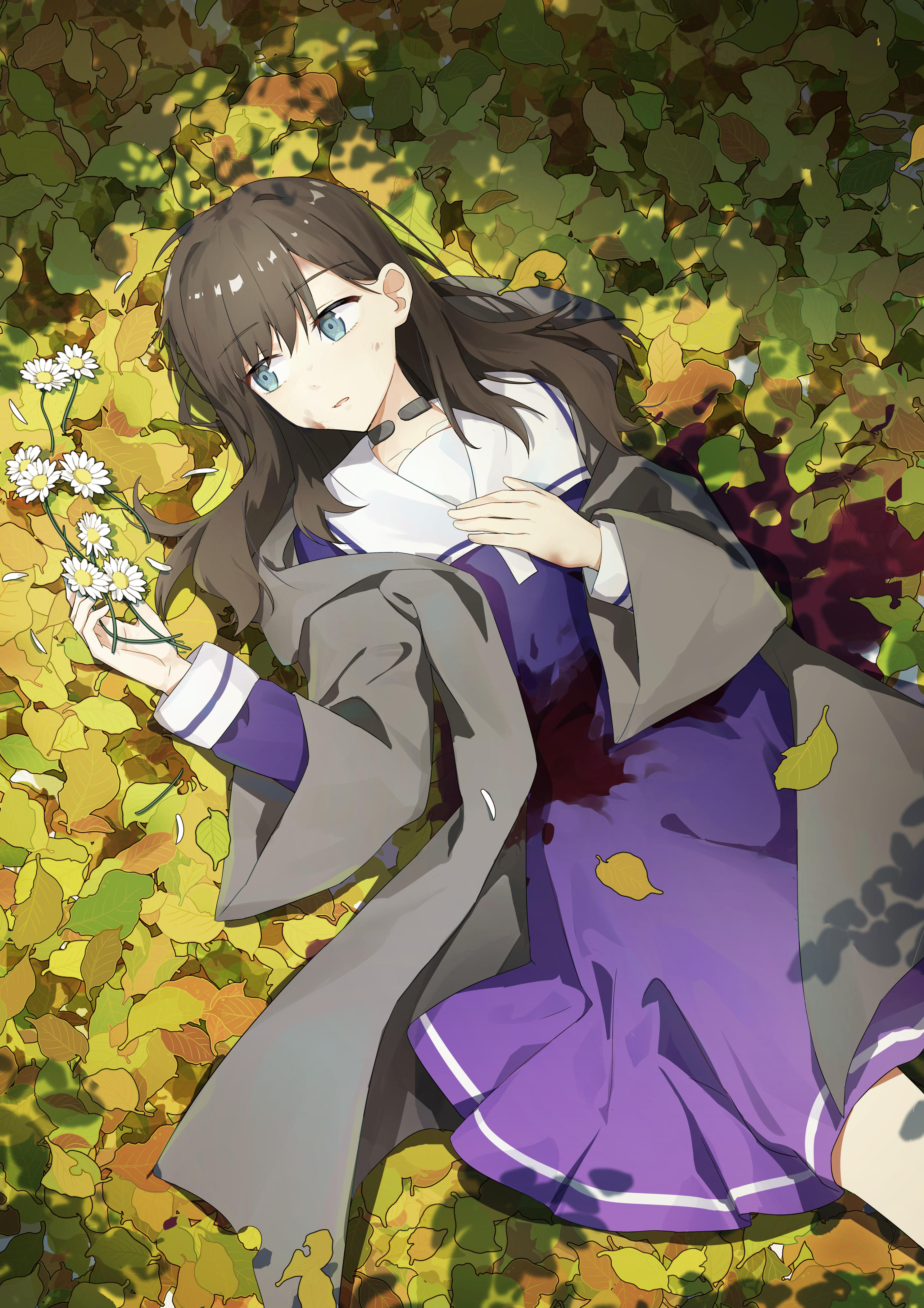 lrhwushang, kimi ga shinu made koi wo shitai, absurdres, character request, highres, 1girl, blue dress, blue eyes, brown hair, collarbone, daisy (flower), dappled sunlight, dirty, dirty face, dress, flower, hand on own chest, leaf, long hair, long sleeves, looking at flowers, lying, on back, on ground, outdoors, parted lips, sailor dress, solo, sunlight