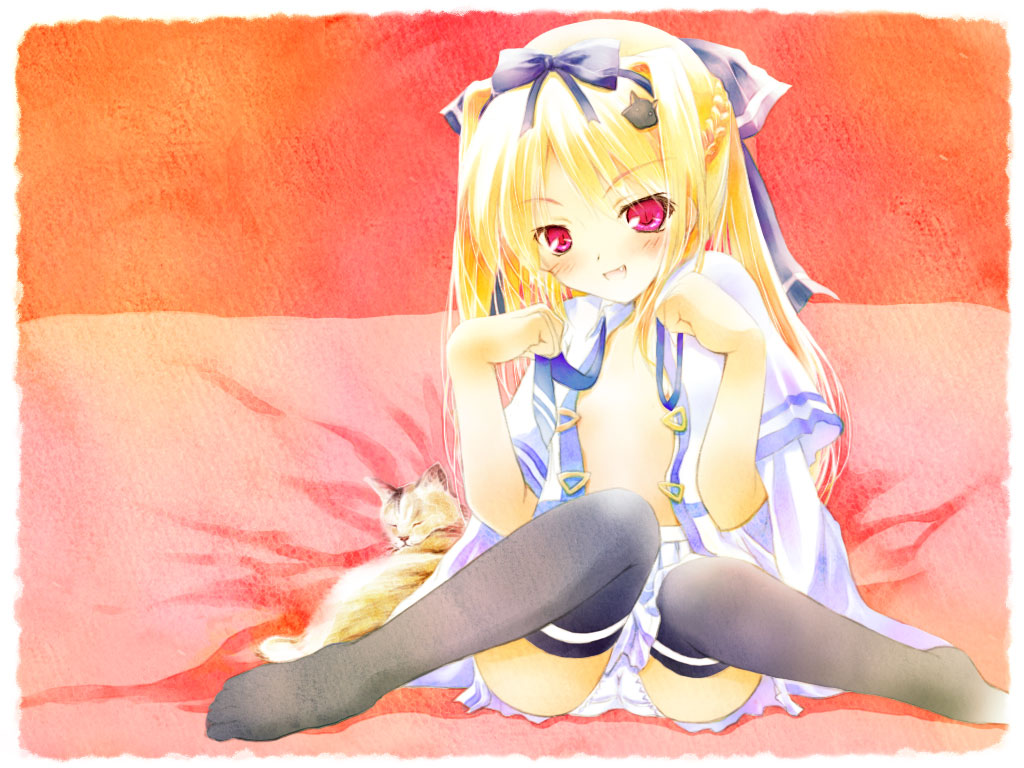 saeki touma, lulli, original, sakura strasse, 1girl, black thighhighs, cat, cat hair ornament, female focus, flat chest, hair ornament, loli, open clothes, open shirt, shirt, solo, thighhighs