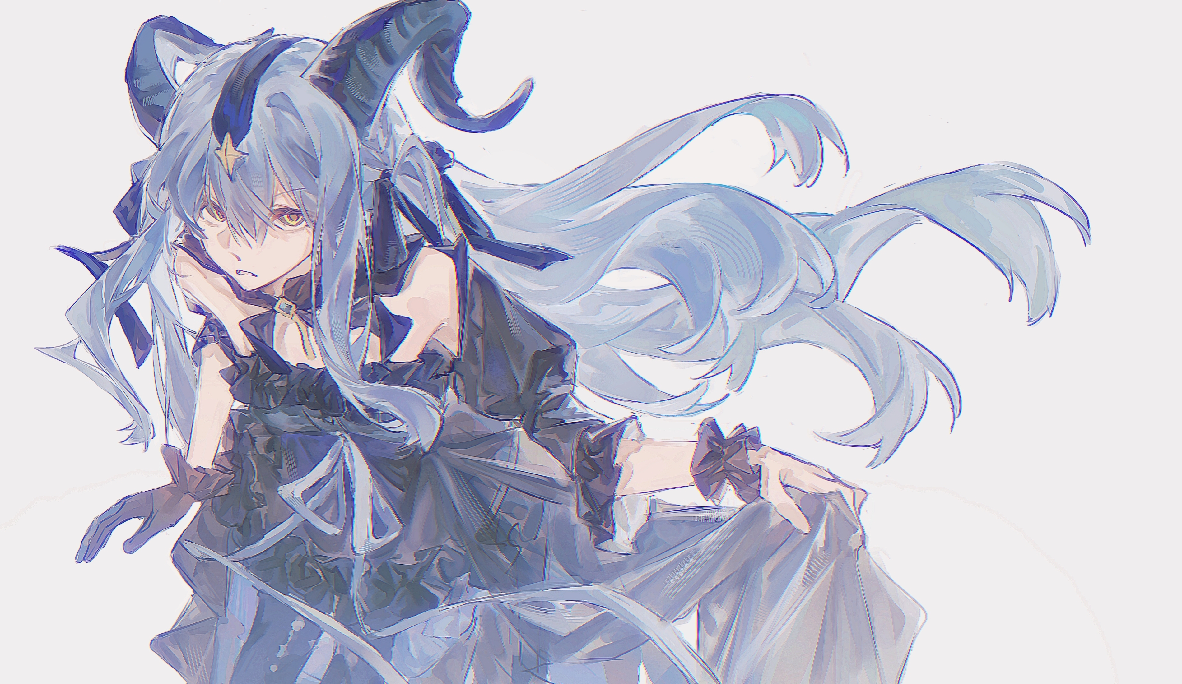 yi-ki, togawa sakiko, arknights, bang dream!, bang dream! it's mygo!!!!!, absurdres, highres, 1girl, asymmetrical sleeves, bare shoulders, black dress, black gloves, black horns, black ribbon, blue hair, cowboy shot, curled horns, detached collar, dress, gloves, hair ribbon, horns, long hair, looking at viewer, official alternate costume, ribbon, sidelocks, simple background, single glove, skirt hold, solo, standing, togawa sakiko (master of melodia), white background, wrist cuffs, yellow eyes