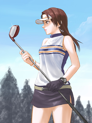 tan taka, yukino (minna no golf), clap hanz, minna no golf, original, visor, 1girl, bare shoulders, brown hair, earrings, female focus, gloves, golf, golf club, jewelry, long hair, pencil skirt, single glove, skirt, sleeveless, sleeveless turtleneck, solo, tree, turtleneck, visor cap, watch, wristwatch