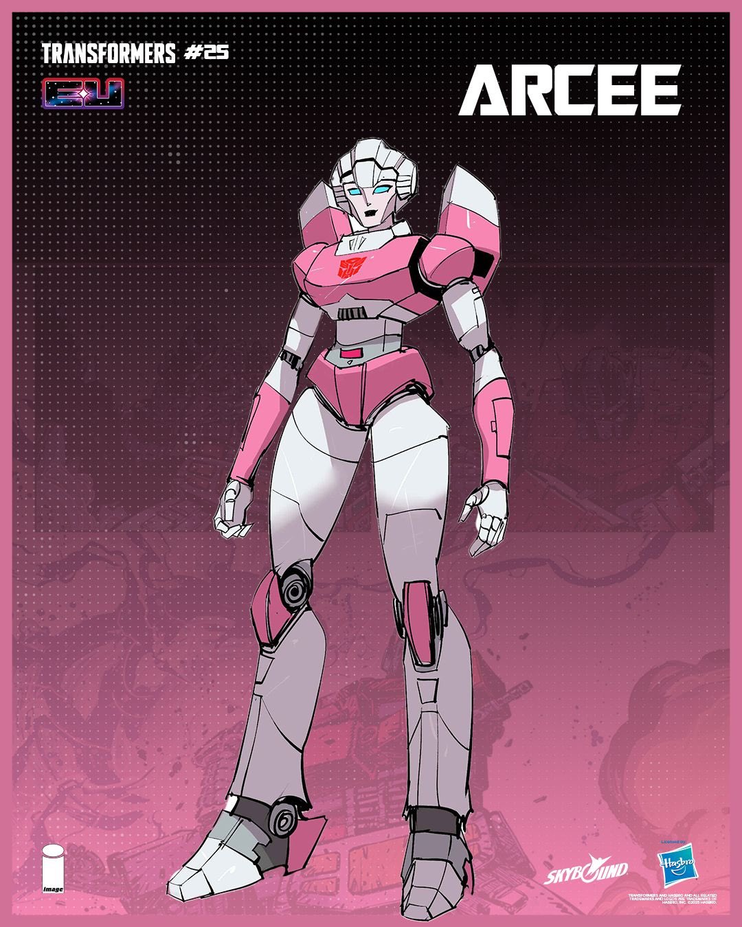 dan mora, arcee, transformers, highres, official art, 1girl, autobot, blue eyes, copyright name, humanoid robot, joints, looking at viewer, mechanical arms, mechanical legs, no humans, robot, robot joints, solo, transformers (skybound)
