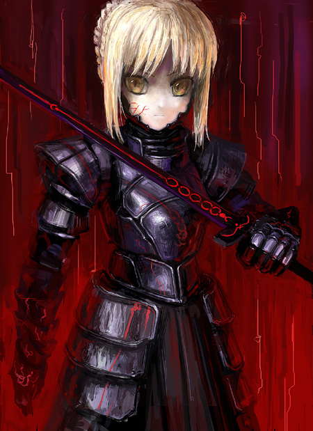 denki, artoria pendragon (fate), saber (fate), saber alter, saber alter (second ascension), fate/stay night, fate (series), 00s, 1girl, armor, armored dress, blonde hair, dress, excalibur morgan (fate), faulds, female focus, short hair, solo, sword, weapon, yellow eyes