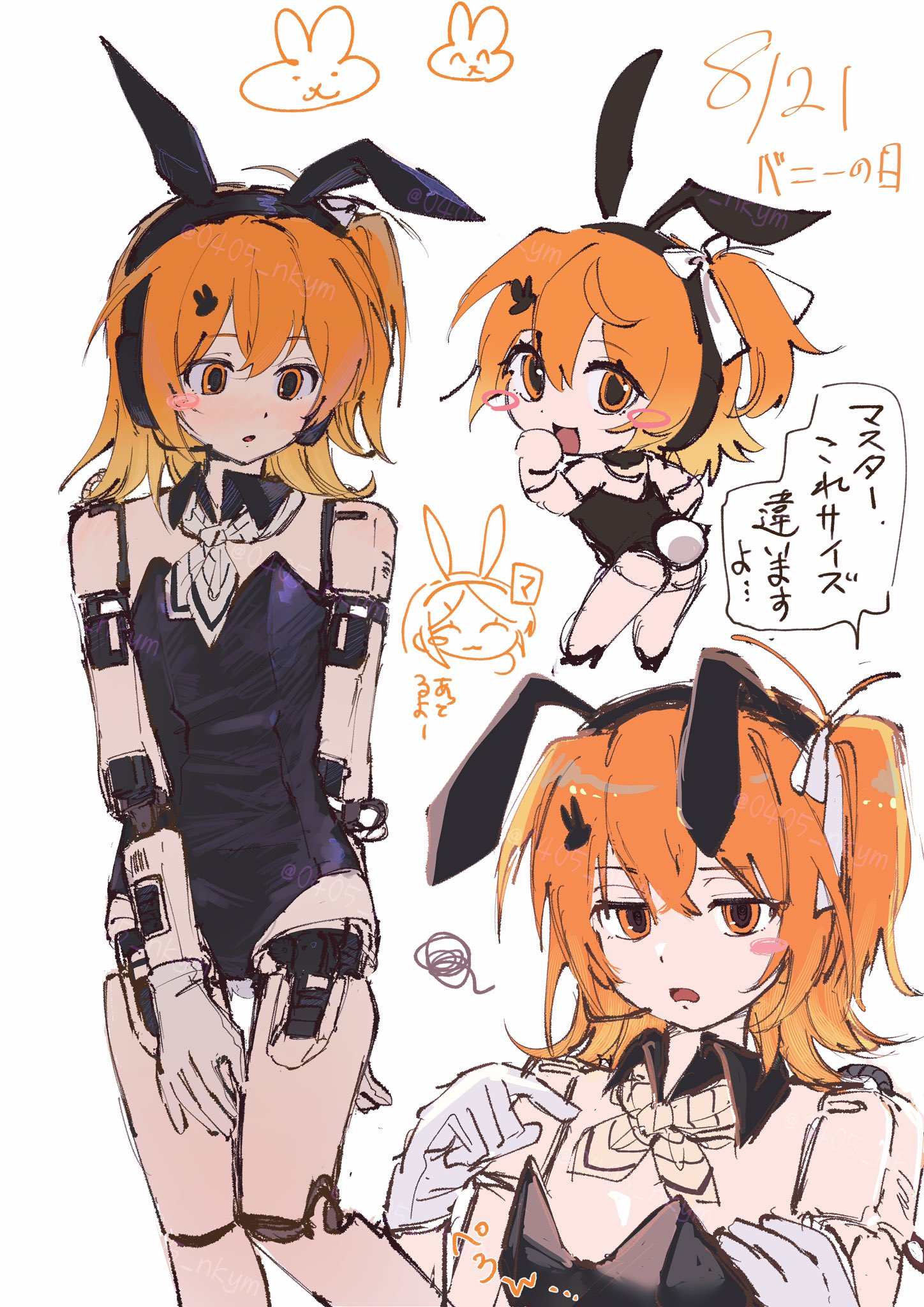charan (4963 nkym), adachi rei, utau, highres, 1girl, alternate costume, android, animal ears, black hairband, black leotard, blush, blush stickers, bow, bowtie, chibi, chibi inset, cropped legs, detached collar, fake animal ears, fake tail, gloves, hair ornament, hair ribbon, hairband, hairclip, headlamp, headset, joints, leotard, looking at viewer, medium hair, multiple views, one side up, open mouth, orange eyes, orange hair, playboy bunny, rabbit ears, rabbit tail, radio antenna, ribbon, robot joints, simple background, sketch, speech bubble, squiggle, standing, strapless, strapless leotard, tail, white background, white gloves, white ribbon