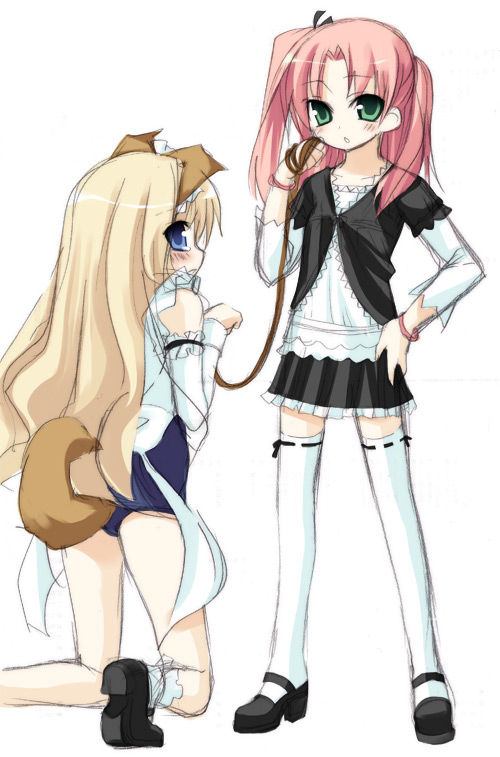 sazaki ichiri, kusugawa sasara, maaryan (to heart), to heart (series), to heart 2, 00s, 2girls, animal ears, blonde hair, collar, dog ears, leash, multiple girls, ribbon-trimmed legwear, ribbon trim, tail, thighhighs, zettai ryouiki