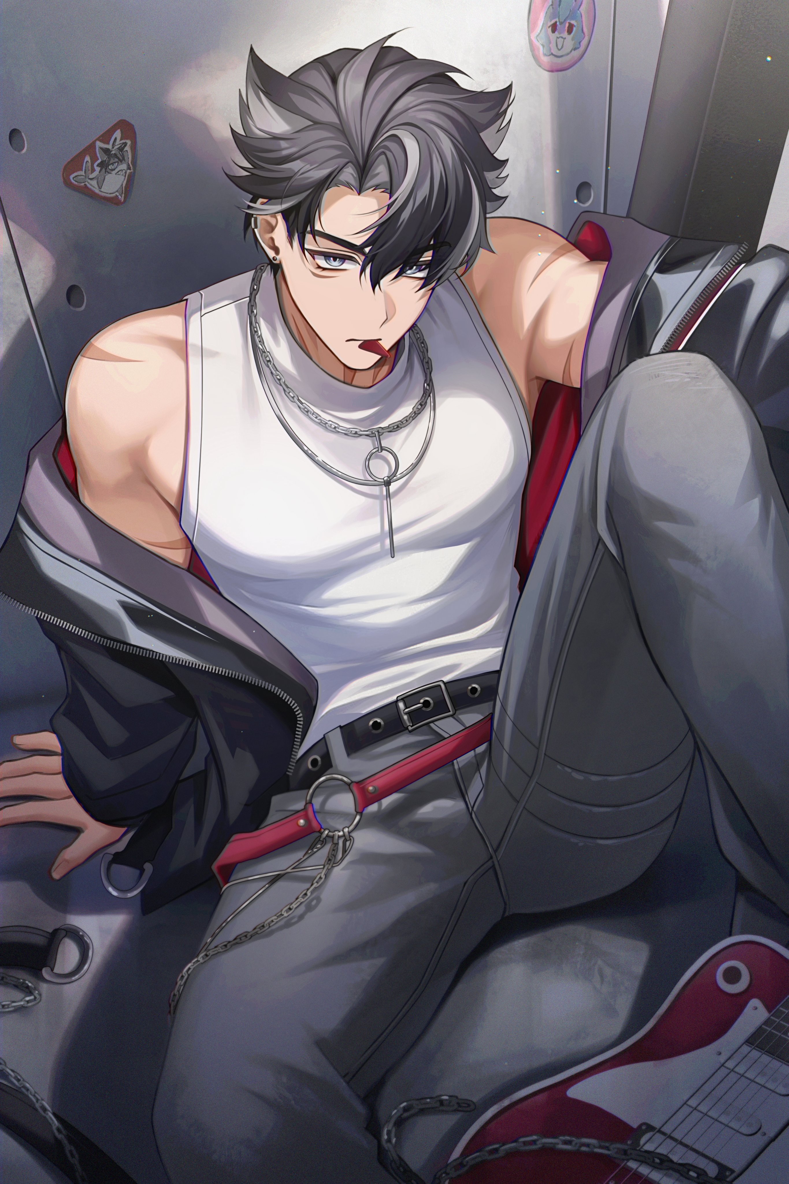 solcha, wriothesley (genshin impact), genshin impact, absurdres, commentary, highres, 1boy, bare shoulders, belt, black belt, black hair, black jacket, closed mouth, electric guitar, feet out of frame, grey eyes, grey pants, guitar, instrument, jacket, knee up, long sleeves, looking at viewer, male focus, off shoulder, open clothes, open jacket, pants, scar, scar on neck, shirt, short hair, sitting, sleeveless, sleeveless shirt, solo, white shirt