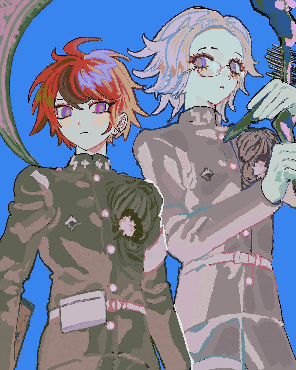 tami tome mo, aotsuki eito, sumino takumi, the hundred line -last defense academy-, commentary, highres, 2boys, ahoge, armband, belt, belt pouch, black hair, black jacket, black pants, blue background, blue eyes, closed mouth, frown, glasses, gloves, grey hair, holding, holding scythe, hole in chest, hole on body, jacket, last defense academy school uniform, male focus, multicolored hair, multiple boys, pants, parted lips, pouch, purple eyes, red hair, school uniform, scythe, short hair, simple background, streaked hair, thigh strap, two-tone hair, white armband, white belt, white gloves