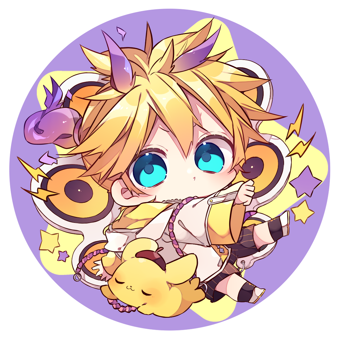 kaho 0102, kagamine len, pompompurin, sanrio, vocaloid, commentary request, 1boy, black shorts, black socks, blonde hair, blue eyes, blush, border, chibi, chibi only, closed mouth, full body, jacket, long sleeves, looking at viewer, male focus, outstretched arm, purple background, round border, shoes, short hair, shorts, socks, solo, v-shaped eyebrows, white border, white jacket, white shoes, wide sleeves