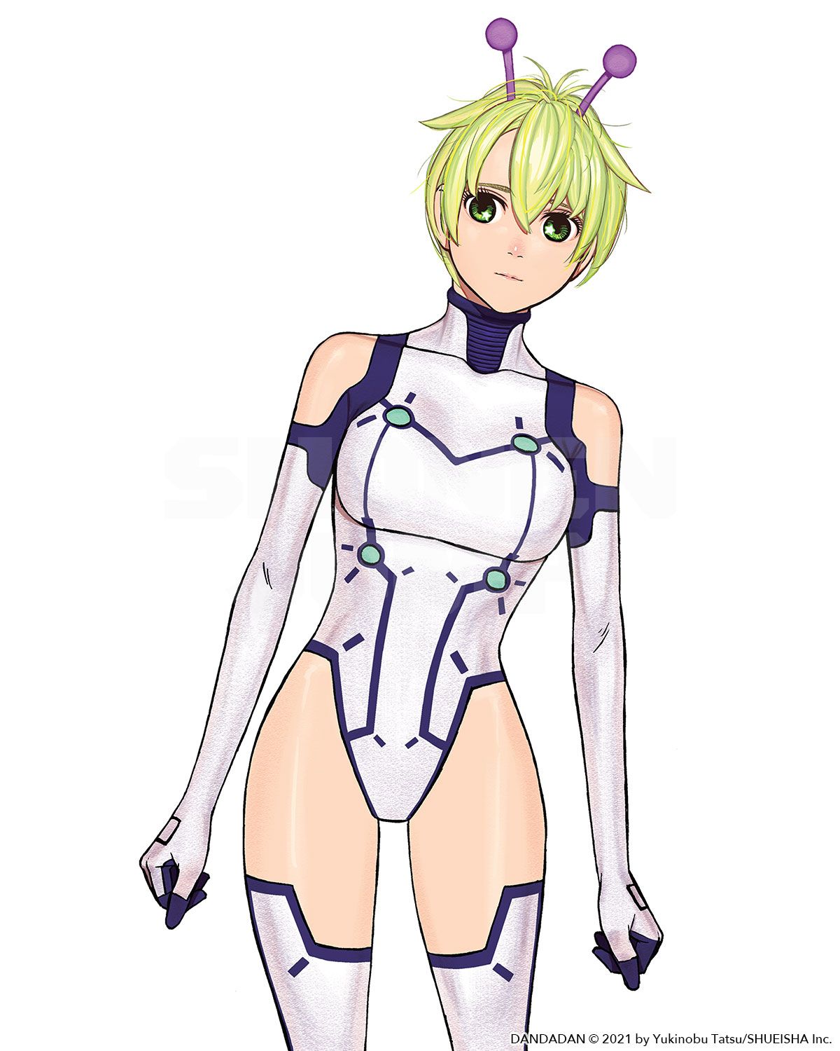 tatsu yukinobu, vamola (dandadan), dandadan, highres, official art, 1girl, alien, antennae, blonde hair, boots, breasts, leotard, looking at viewer, short hair, simple background, skin tight, solo, star (symbol), star in eye, symbol in eye, thigh boots, thighhighs, white background, white leotard, white thighhighs