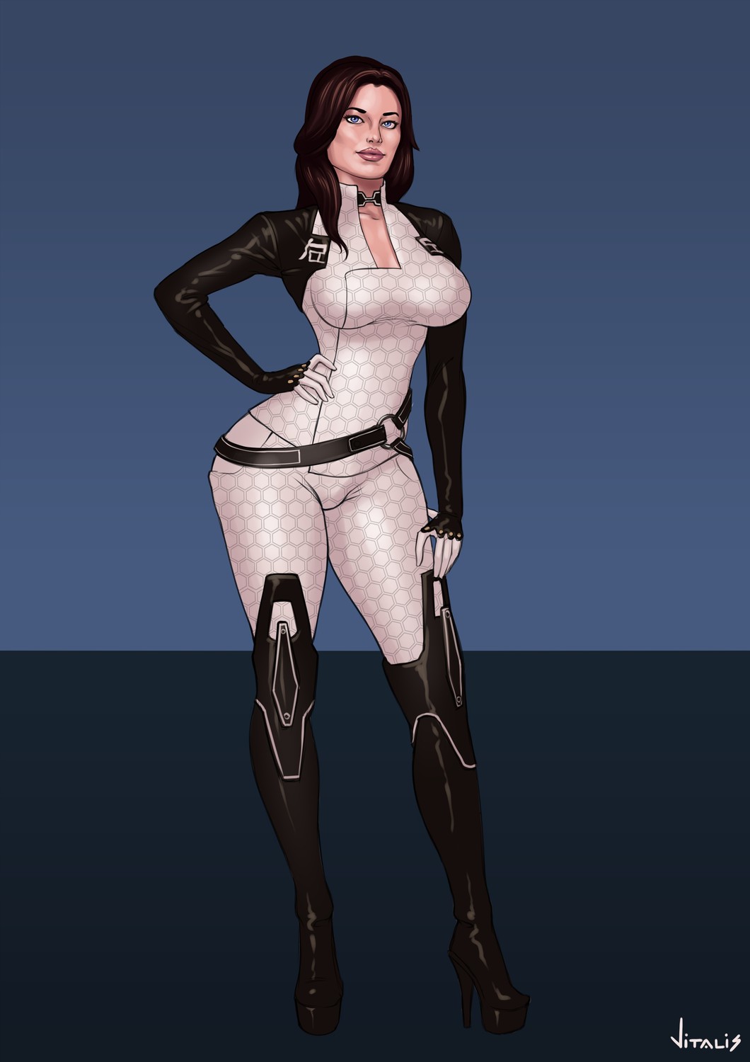 vitalis, miranda lawson, mass effect (series), mass effect 2, highres, 1girl, black boots, black hair, blue eyes, bodysuit, boots, breasts, full body, hand on own hip, high heel boots, high heels, large breasts, long hair, looking at viewer, signature, solo, standing, white bodysuit
