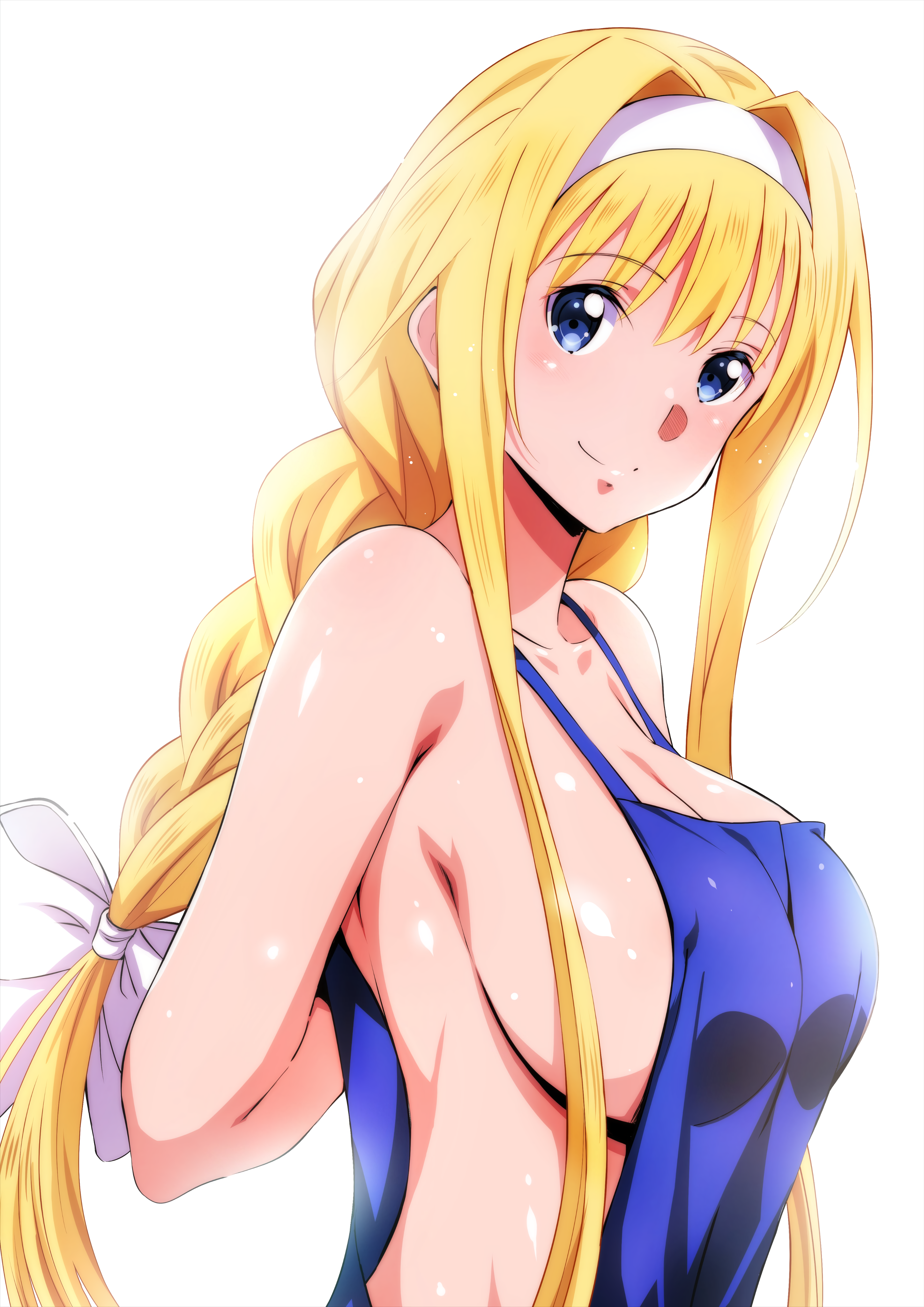 island (kossori), alice zuberg, sword art online, sword art online: alicization, absurdres, highres, 1girl, alternate breast size (larger), apron, blonde hair, blue apron, blue eyes, braid, braided ponytail, breasts, cleavage, collarbone, hair ornament, hairband, large breasts, long hair, looking at viewer, naked apron, shiny skin, sideboob, simple background, smile, white background