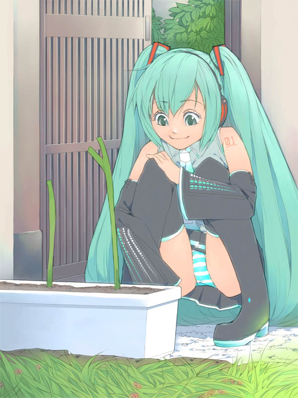 akinbo (hyouka fuyou), hatsune miku, vocaloid, bad id, bad pixiv id, 1girl, aqua eyes, aqua hair, bare shoulders, black thighhighs, boots, detached sleeves, female focus, green hair, headset, hugging own legs, long hair, necktie, panties, pantyshot, smile, solo, spring onion, squatting, striped clothes, striped panties, tattoo, thigh boots, thighhighs, twintails, underwear, very long hair