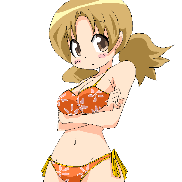1girl, bikini, blush, breasts, cleavage, female focus, medium breasts, oekaki, orange bikini, short twintails, side-tie bikini bottom, solo, swimsuit, twintails
